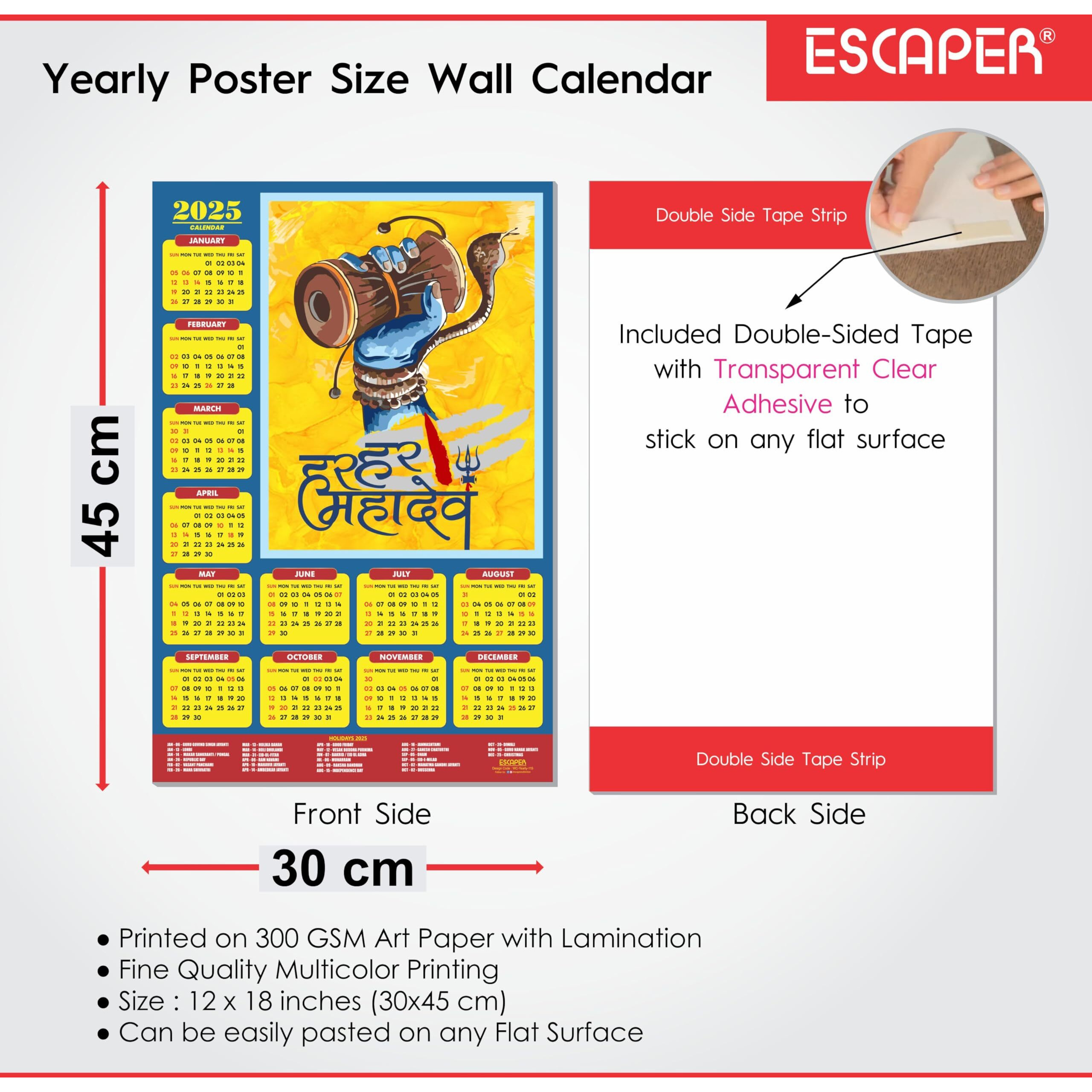 ESCAPER Lord Shiva Wall Calendar 2025 hanging (45 x 30 cm), Bholenath Wall Calendar 2025, Shivling Wall Calendar 2025, Shanker Ji Photo, Mahadev Wall Calendar 2025, Shivji Calendar, Lord Shiva Wall Decor