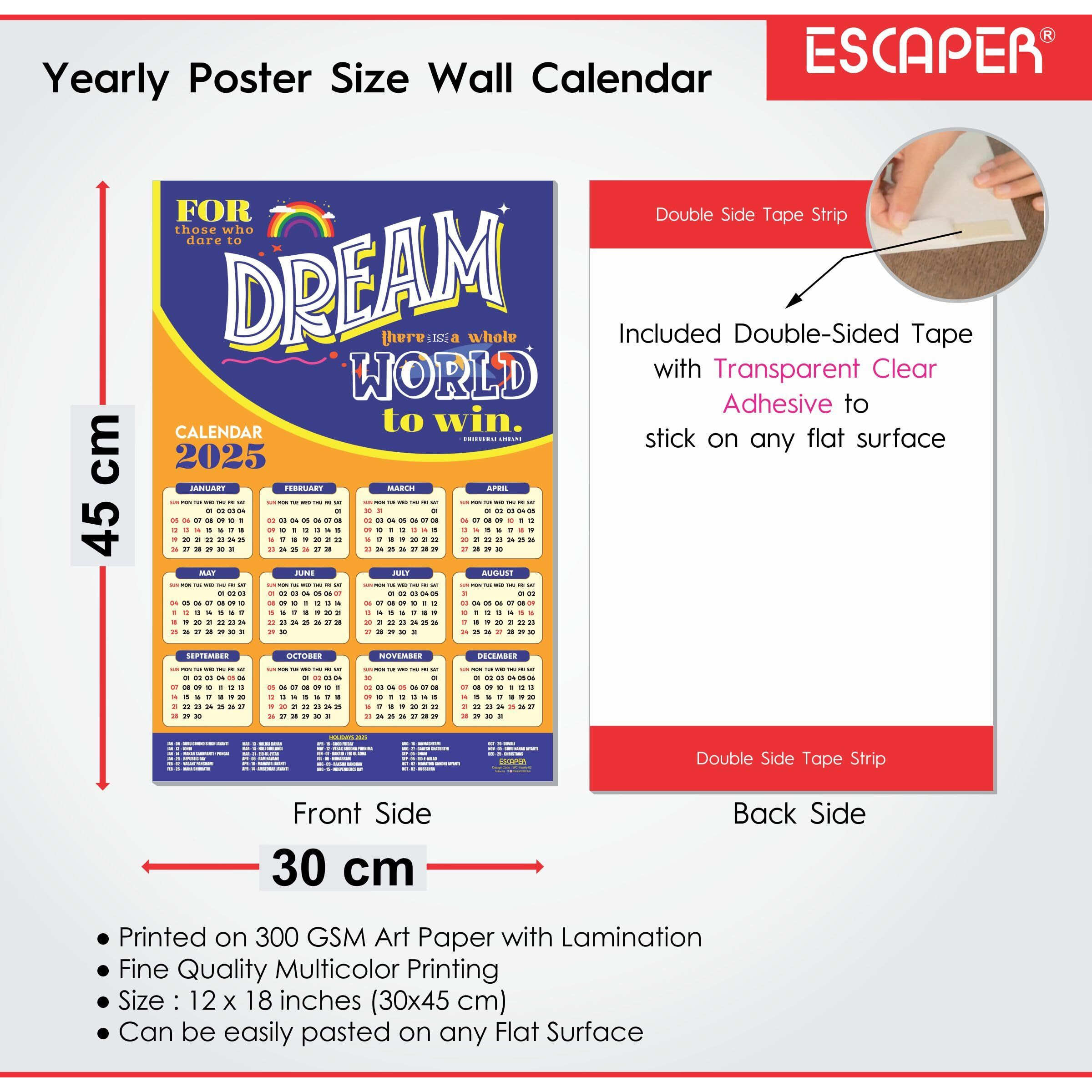 ESCAPER Motivational New Year Wall Calendar 2025 (45x30 cm) (Dream - By Dhirubhai Ambani (WC-02))