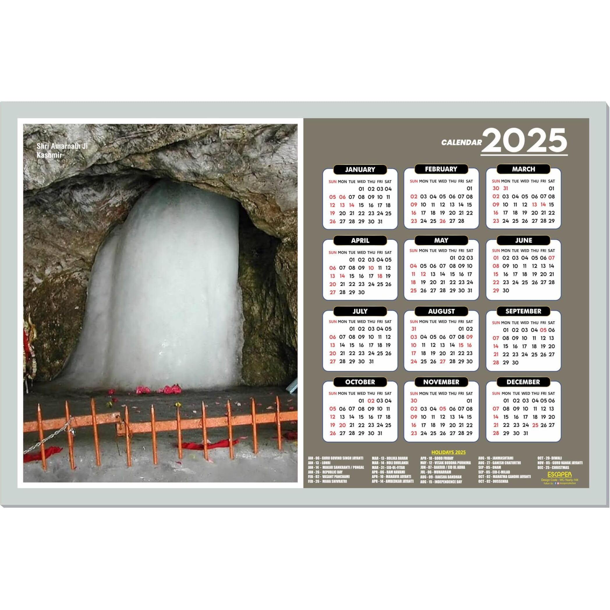 ESCAPER Amarnath Ji Wall Calendar 2025 (45 x 30 cm), Amarnath Ji Mandir Wall Calendar 2025, Amarnath Ji Photos, Religious Wall Calendar 2025, Amarnath Ji Wall Calendar 2025, Hindu God Photos, Hindu God Temple Wall Calendar 2025 for room decoration