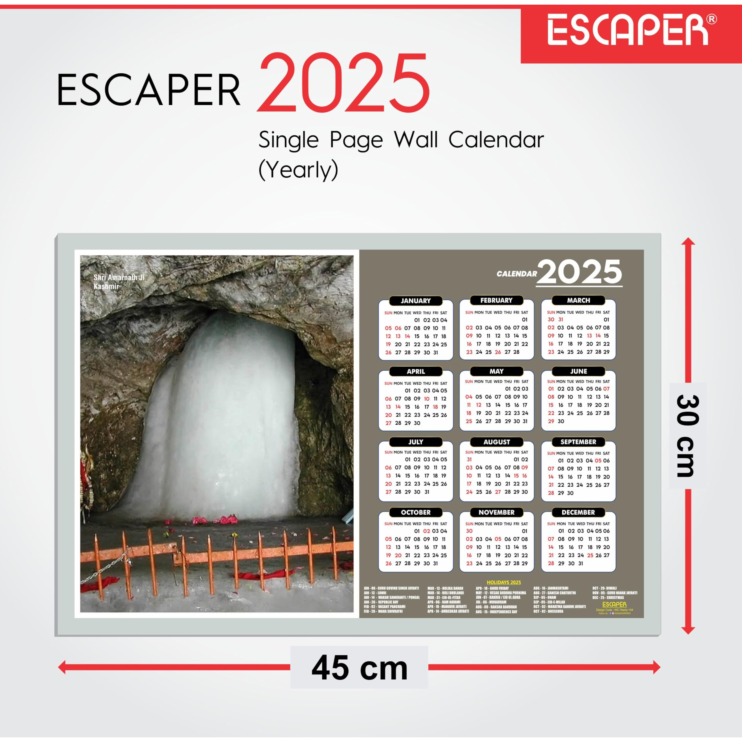 ESCAPER Amarnath Ji Wall Calendar 2025 (45 x 30 cm), Amarnath Ji Mandir Wall Calendar 2025, Amarnath Ji Photos, Religious Wall Calendar 2025, Amarnath Ji Wall Calendar 2025, Hindu God Photos, Hindu God Temple Wall Calendar 2025 for room decoration