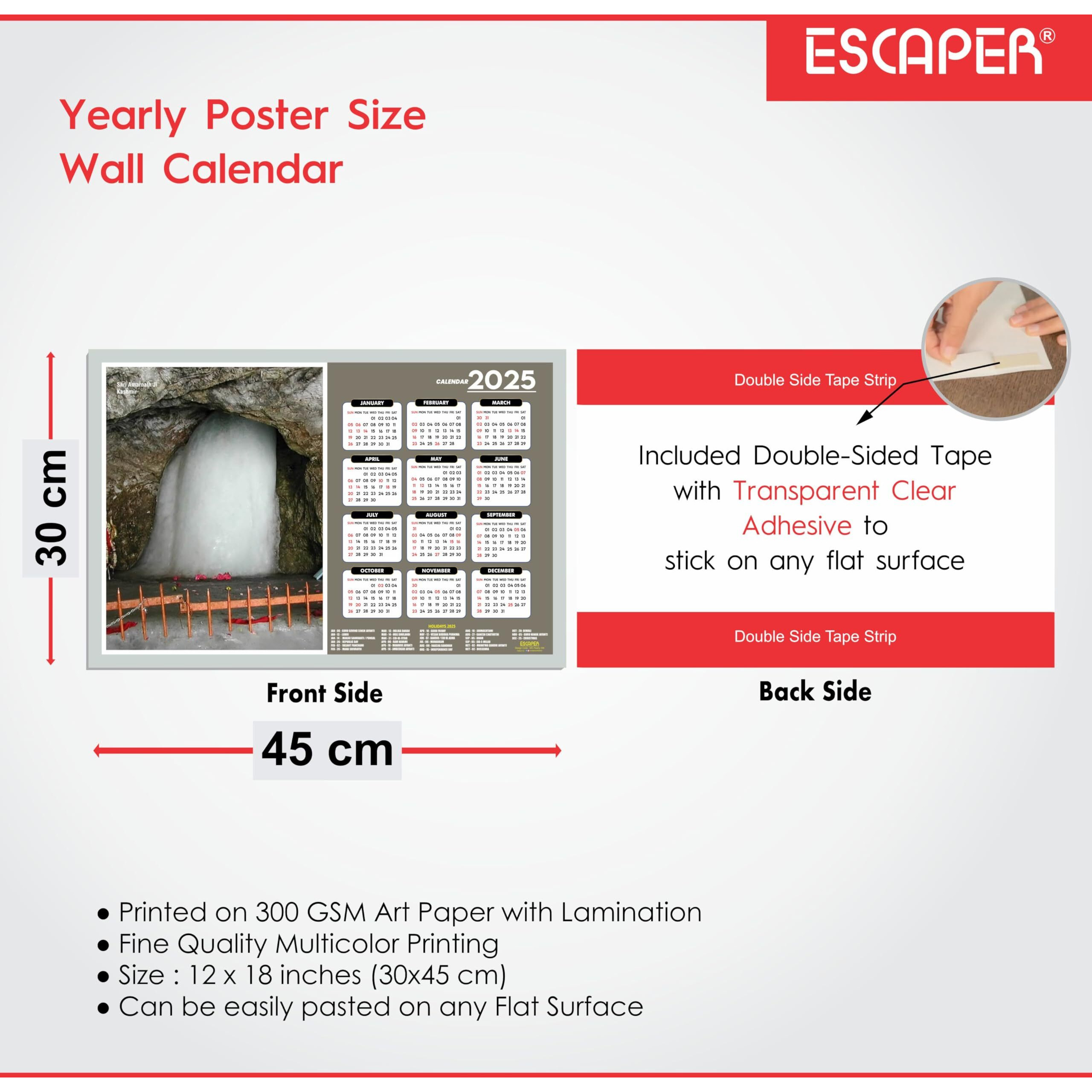 ESCAPER Amarnath Ji Wall Calendar 2025 (45 x 30 cm), Amarnath Ji Mandir Wall Calendar 2025, Amarnath Ji Photos, Religious Wall Calendar 2025, Amarnath Ji Wall Calendar 2025, Hindu God Photos, Hindu God Temple Wall Calendar 2025 for room decoration