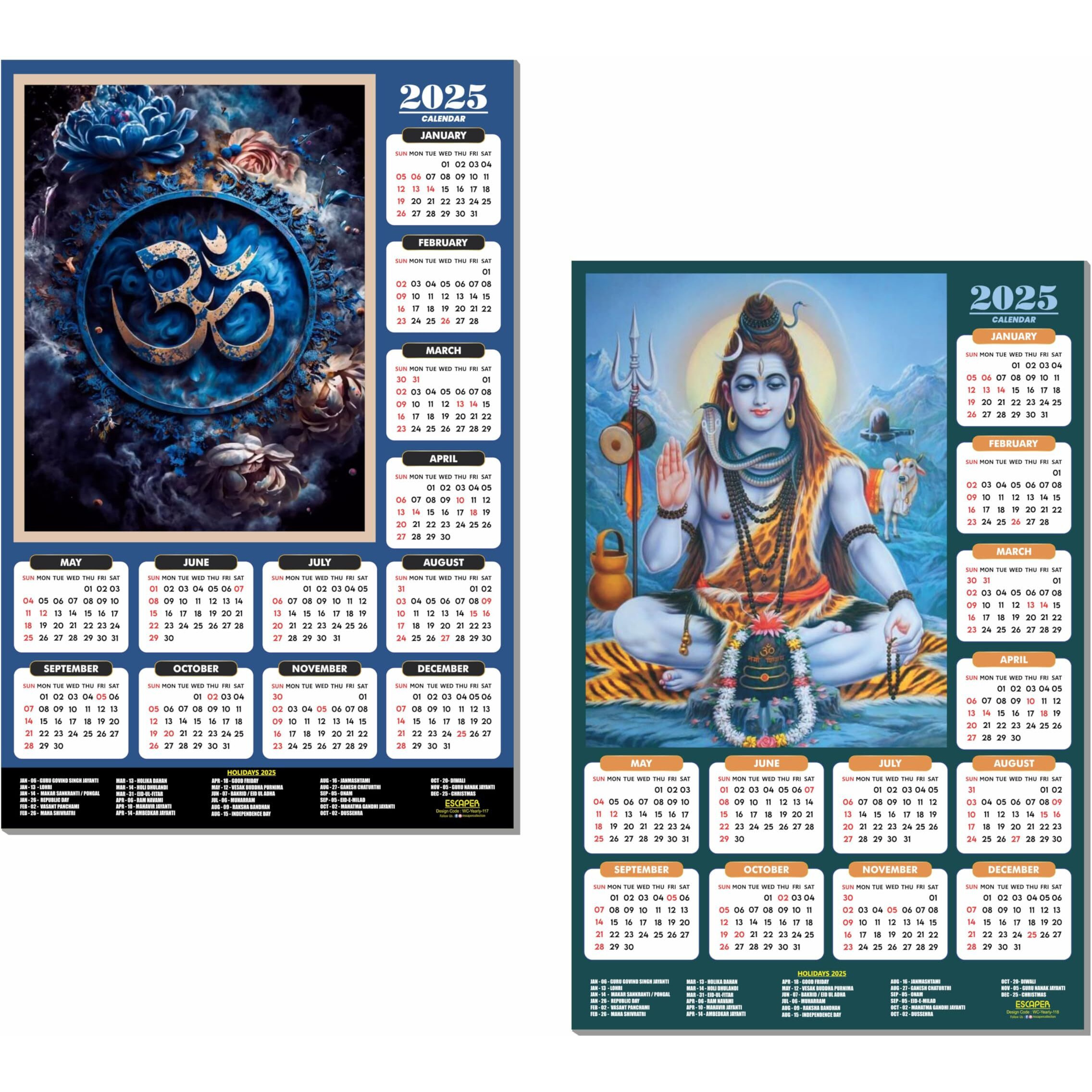 ESCAPER Lord Shiva Wall Calendar 2025 hanging (45 x 30 cm), Bholenath Wall Calendar 2025, Shivling Wall Calendar 2025, Shanker Ji Photo, Mahadev Wall Calendar 2025, Shivji Calendar, Lord Shiva Wall Decor
