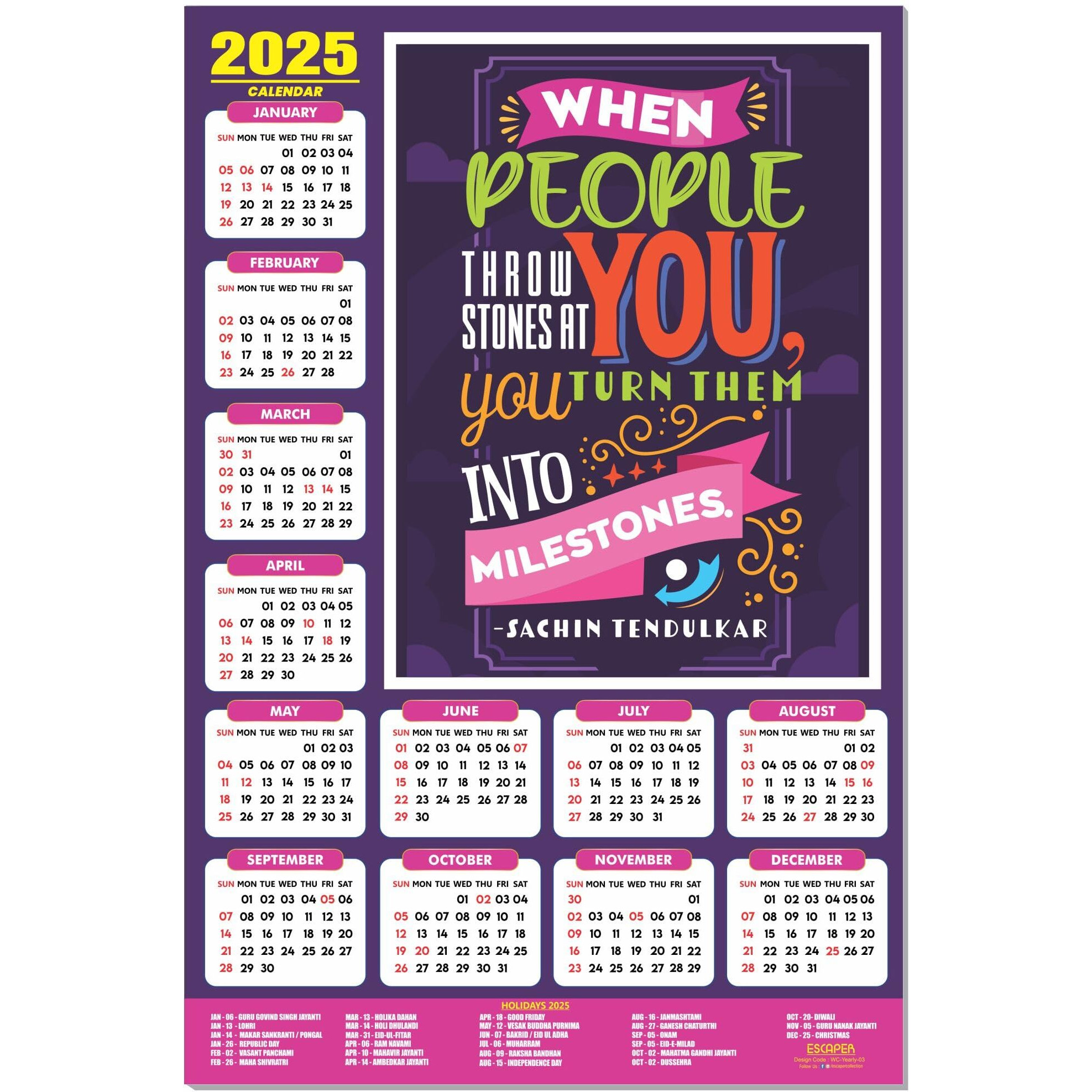 ESCAPER Motivational New Year Wall Calendar 2025 (45x30 cm) (Milestones - By Sachin Tendulkar (WC-03))