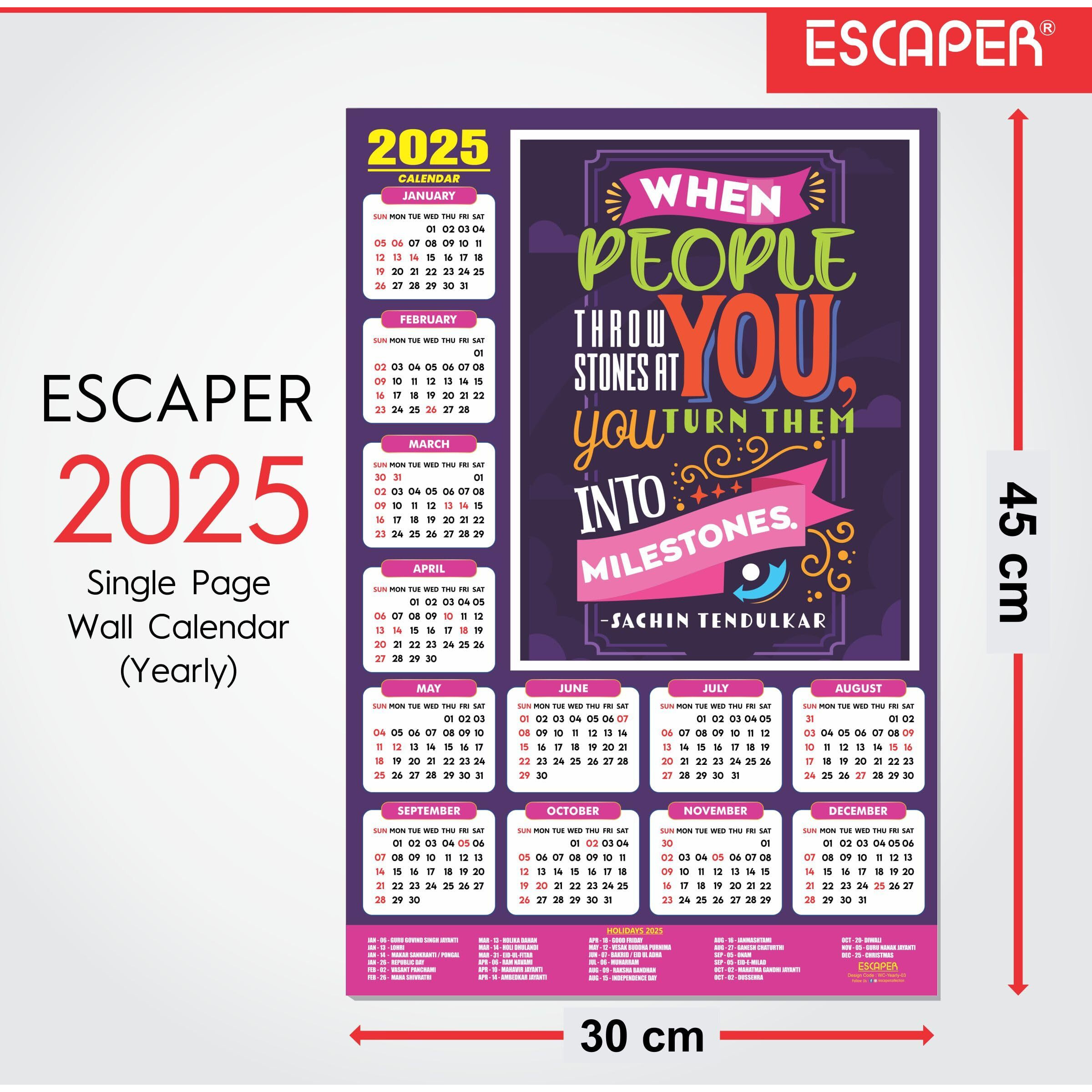 ESCAPER Motivational New Year Wall Calendar 2025 (45x30 cm) (Milestones - By Sachin Tendulkar (WC-03))