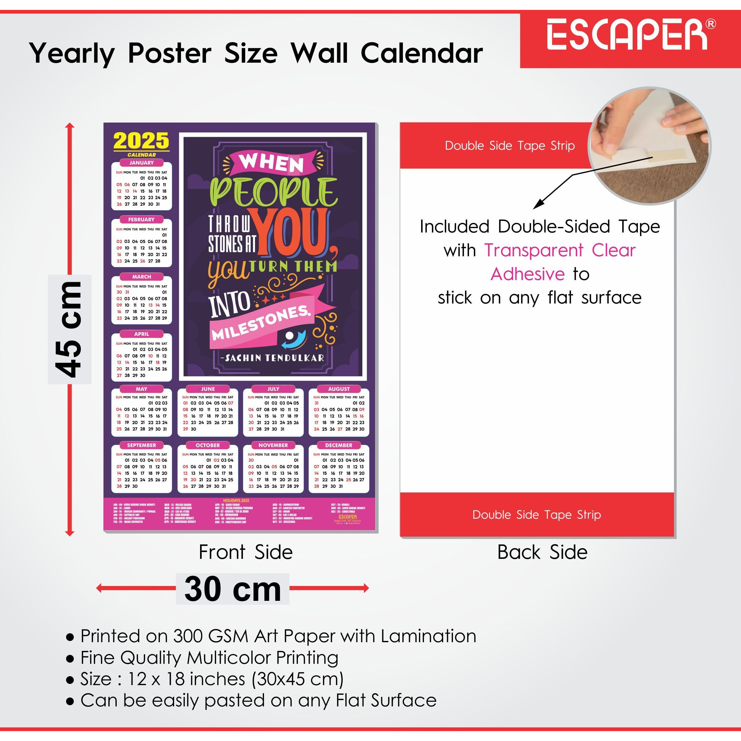 ESCAPER Motivational New Year Wall Calendar 2025 (45x30 cm) (Milestones - By Sachin Tendulkar (WC-03))
