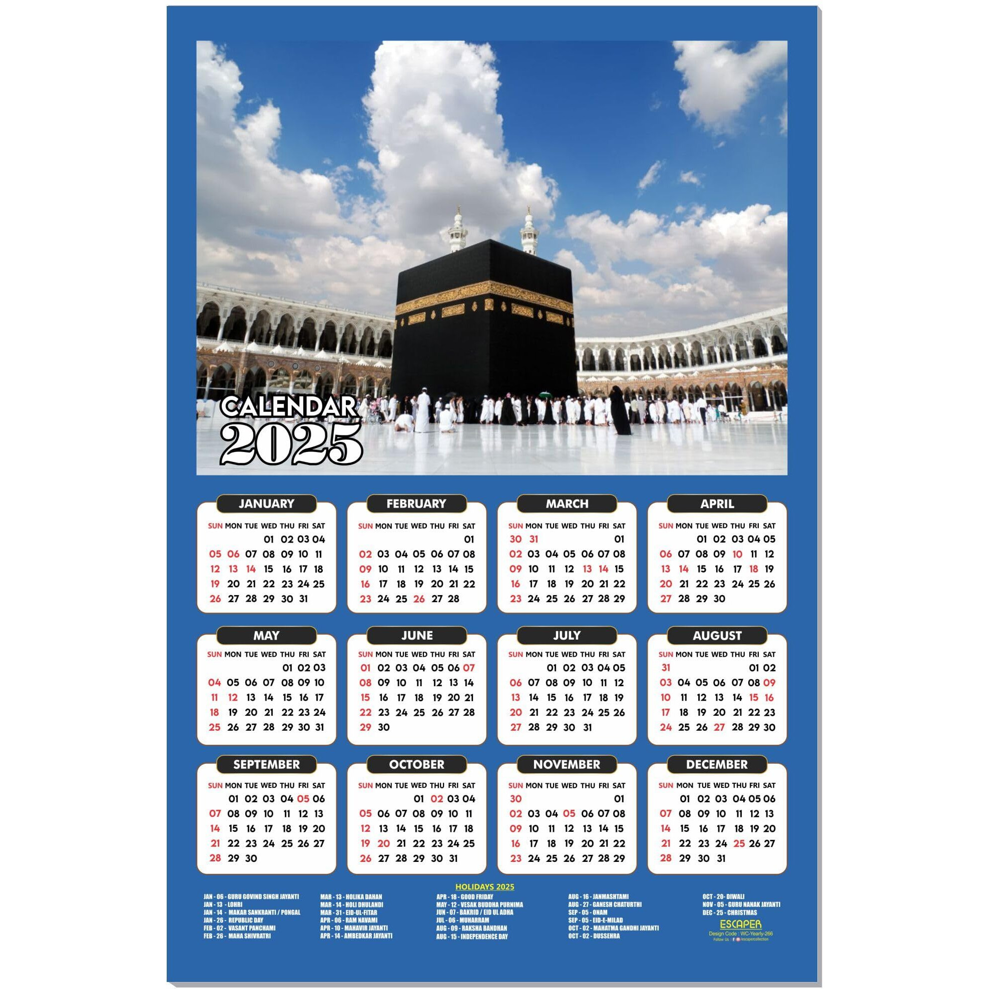 ESCAPER Muslim Wall Calendar 2025 hanging Decoration (45 x 30 cm), Islamic Wall Decor, Arabic Calligraphy Wall Calendar 2025, Allah Wall Calendar 2025, Muslim home decor items, New Year Calendar 2025