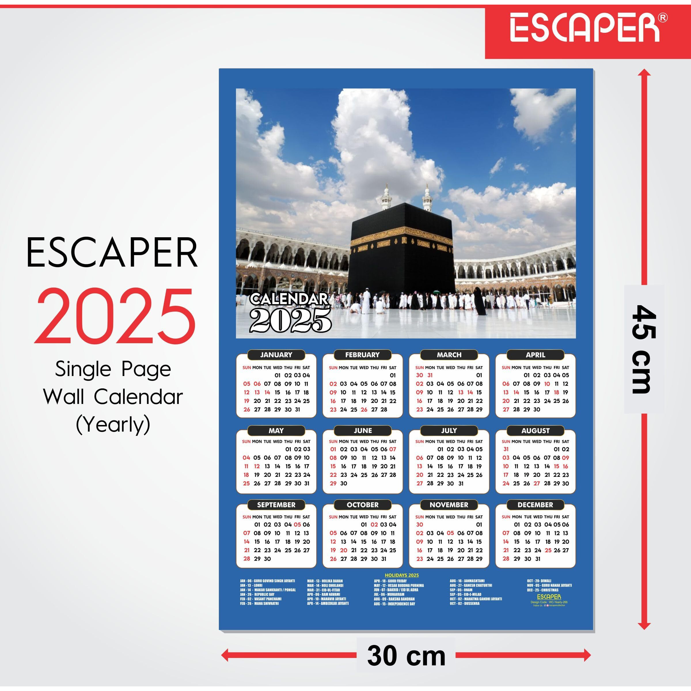 ESCAPER Muslim Wall Calendar 2025 hanging Decoration (45 x 30 cm), Islamic Wall Decor, Arabic Calligraphy Wall Calendar 2025, Allah Wall Calendar 2025, Muslim home decor items, New Year Calendar 2025