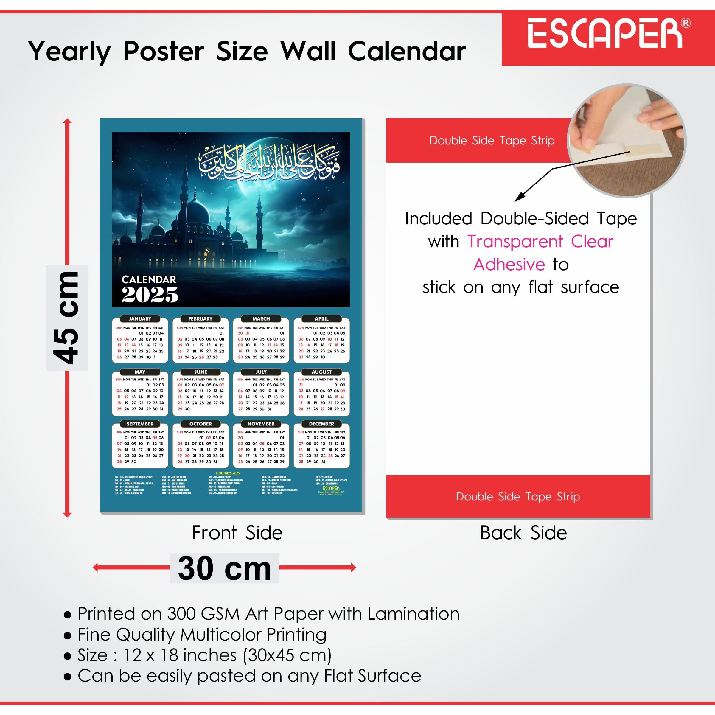 ESCAPER Muslim Wall Calendar 2025 hanging Decoration (45 x 30 cm), Islamic Wall Decor, Arabic Calligraphy Wall Calendar 2025, Allah Wall Calendar 2025, Muslim home decor items, New Year Calendar 2025
