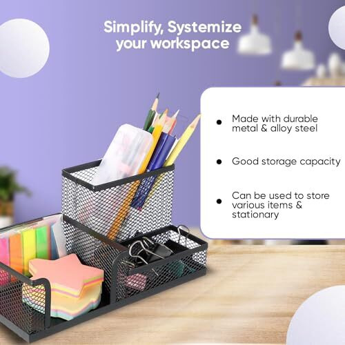 YAJNAS Bileder Metal Stationery Items Organizer for Office and Home Table Top Pen Pencil Holder | Desk Organiser Or Study, Makeup, Remote, Kitchen (3 - Compartment)