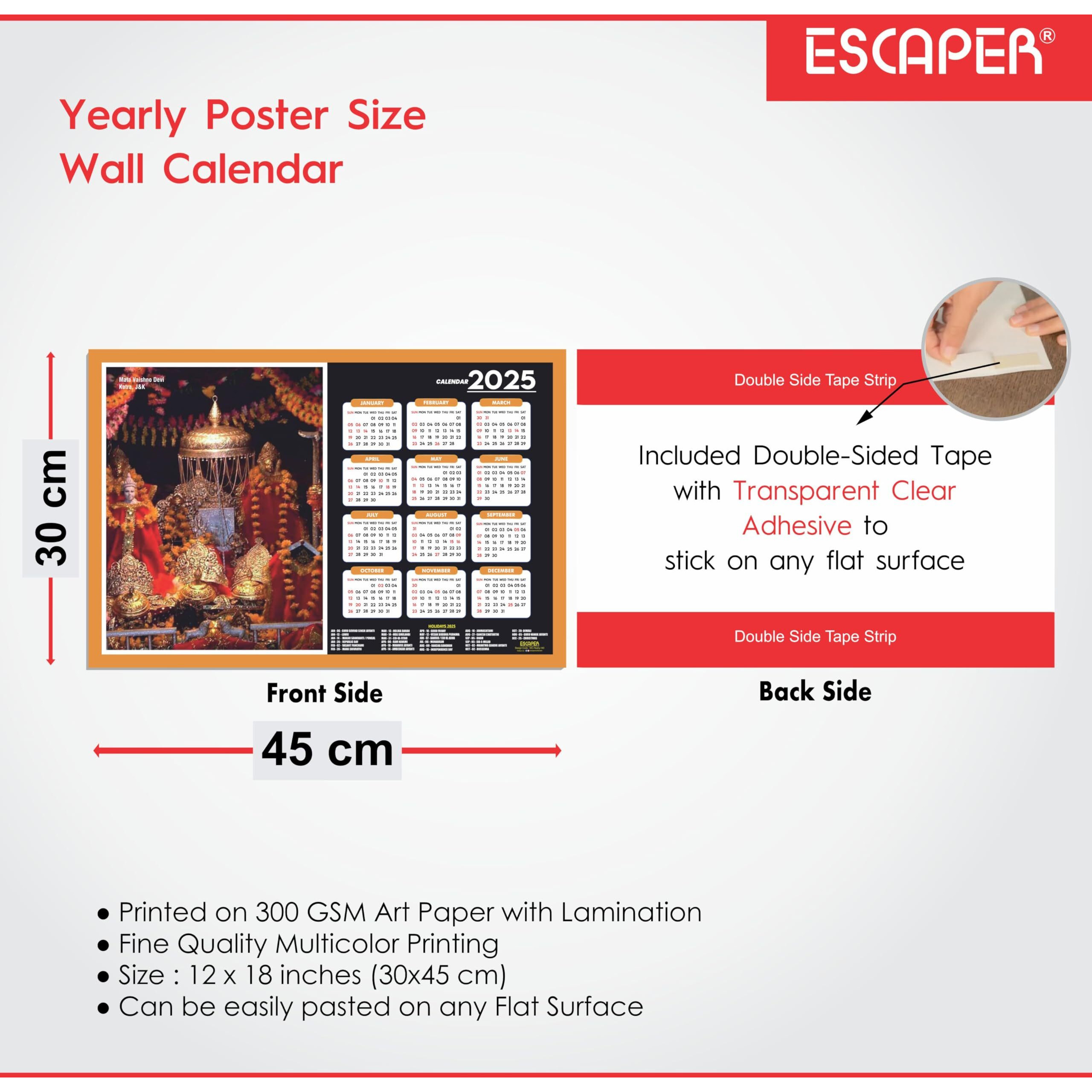 ESCAPER Badrinath Ji Temple Wall Calendar 2025 (45 x 30 cm), Amarnath Ji Mandir Wall Calendar 2025, Amarnath Ji Photos, Religious Wall Calendar 2025, Mata Vaishno Devi Wall Calendar 2025, Hindu God Photos, Hindu Goddess Temple Wall Calendar 2025 for room decoration,