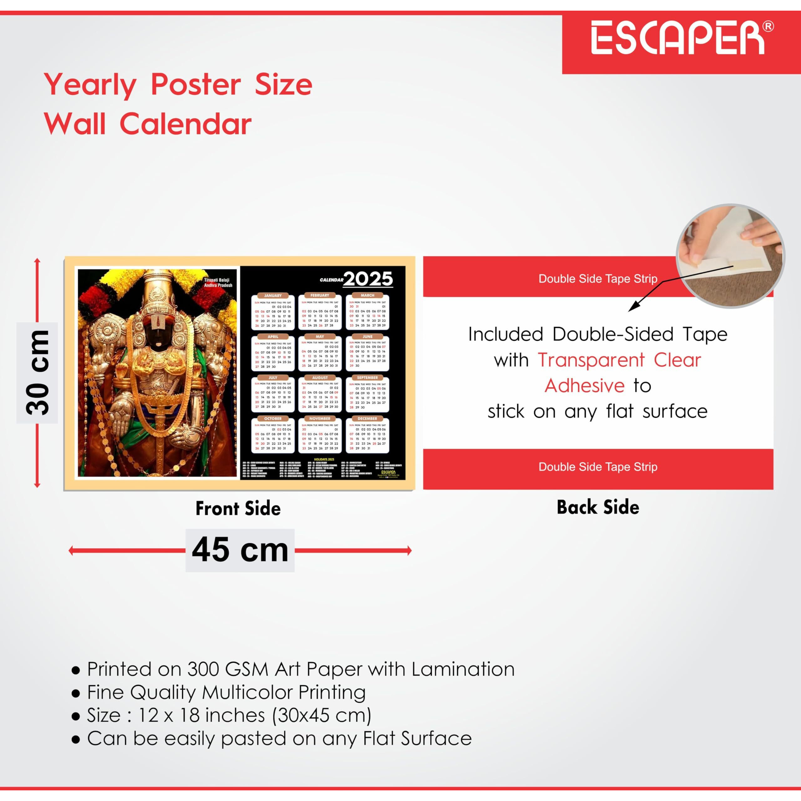 ESCAPER Famous Hindu Temples Wall Calendar 2025, Hindu Gods Wall Calendar 2025, Hindu Goddess Wall Calendar 2025, Hindu Gods Photos, Hindu Goddess Photos, Hindu Mandir Wall Calendar 2025