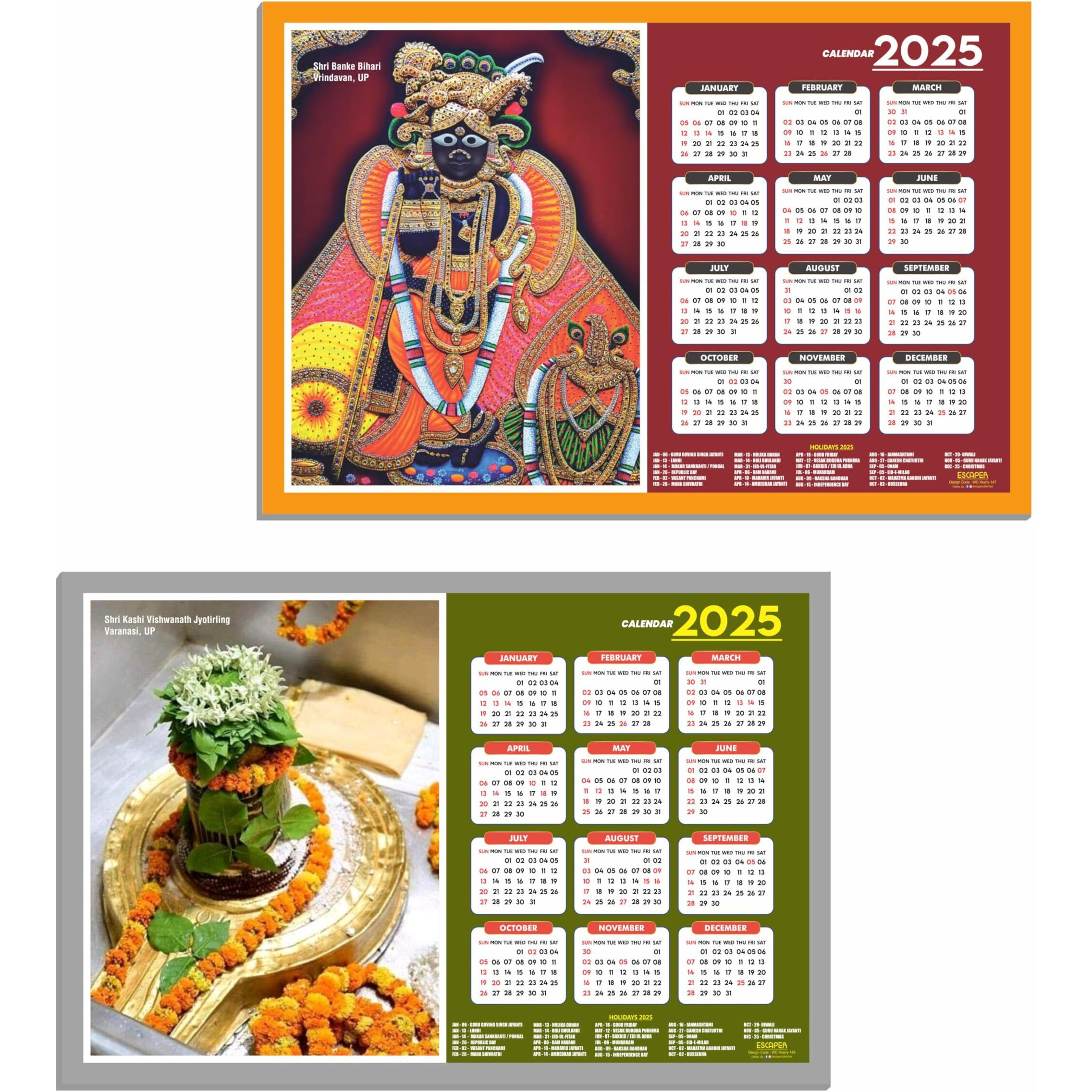 ESCAPER Famous Hindu Temples Wall Calendar 2025, Hindu Gods Wall Calendar 2025, Hindu Goddess Wall Calendar 2025, Hindu Gods Photos, Hindu Goddess Photos, Hindu Mandir Wall Calendar 2025