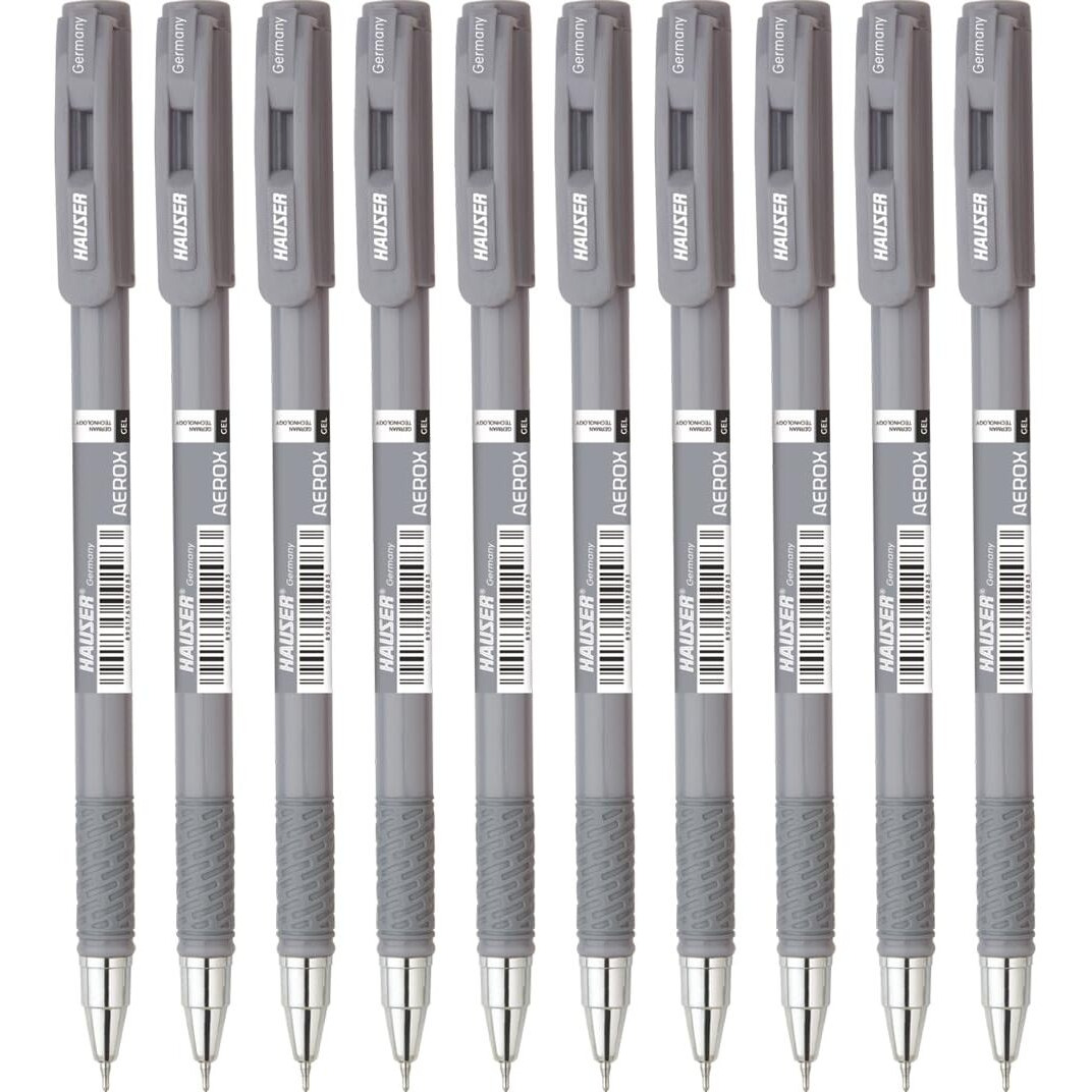 Hauser Germany Aerox Gel Pen Wallet Pack | Classy Looks Body, Waterproof Gel Ink | Low-Viscosity Ink For Smudge Free Writing | Comfortable Rubber Grip | Black Ink, Pack of 10 Pens