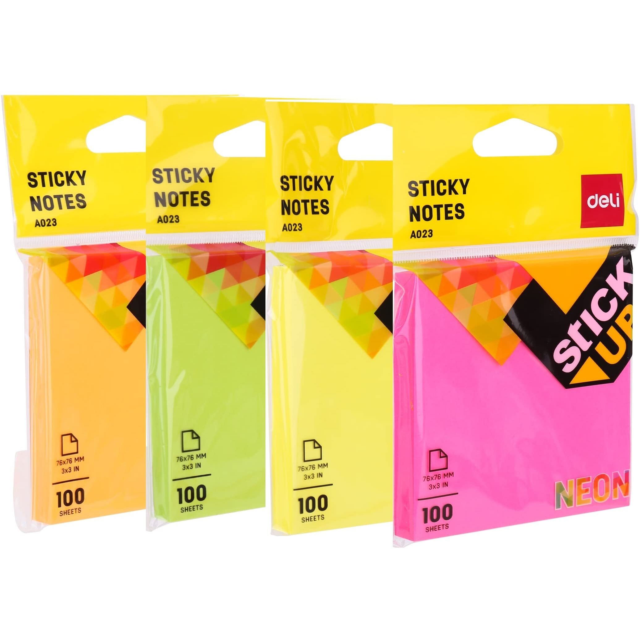 deli WA02302 Sticky Note | Self Stick Notepad | Self Adhesive Memo Note | to Do List Sticky Note Pads for Home, Office, Study - 3" x 3", Neon Colors, 100 Sheets, Pack of 4