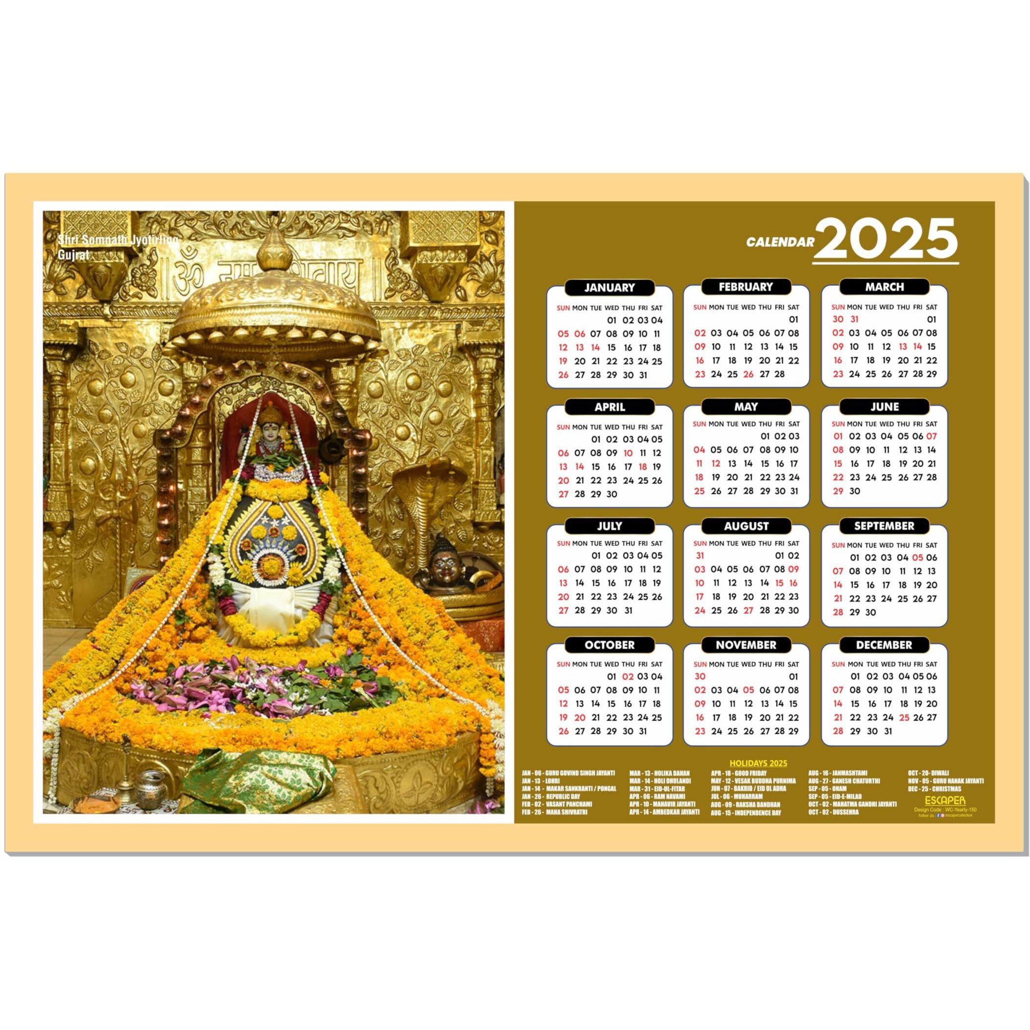 ESCAPER Famous Hindu Temples Wall Calendar 2025, Hindu Gods Wall Calendar 2025, Hindu Goddess Wall Calendar 2025, Hindu Gods Photos, Hindu Goddess Photos, Hindu Mandir Wall Calendar 2025 (Somnath Jyotriling, Gujarat