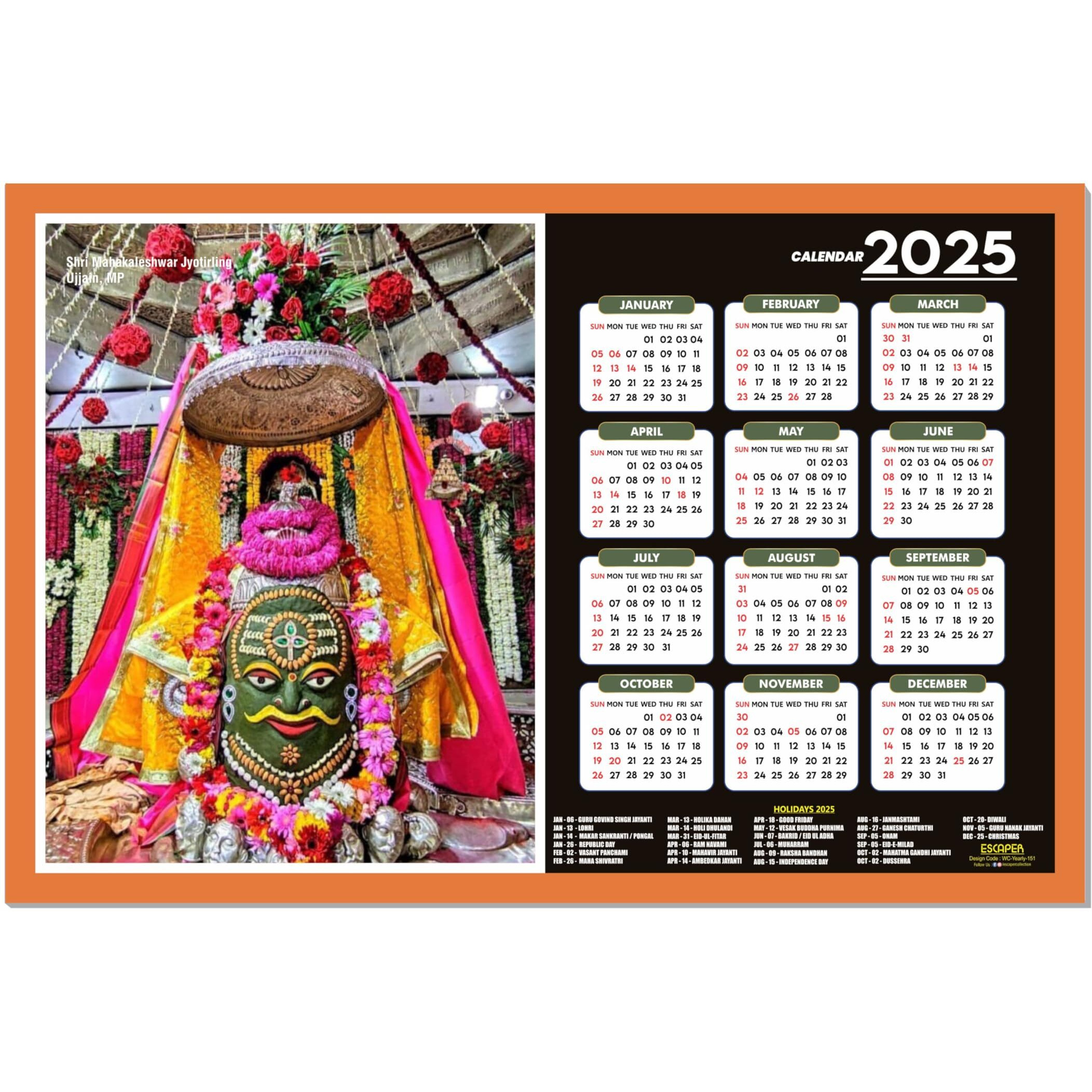ESCAPER Mahakaleshwar Wall Calendar 2025 (45 x 30 cm), Mahakaleshwar Wall Calendar 2025, Mahakaleshwar Photos, Religious Wall Calendar 2025, Mahakaleshwar Wall Calendar 2025, Mahakaleshwar Wall Calendar 2025, Mahakaleshwar Photo, Hindu God Photos
