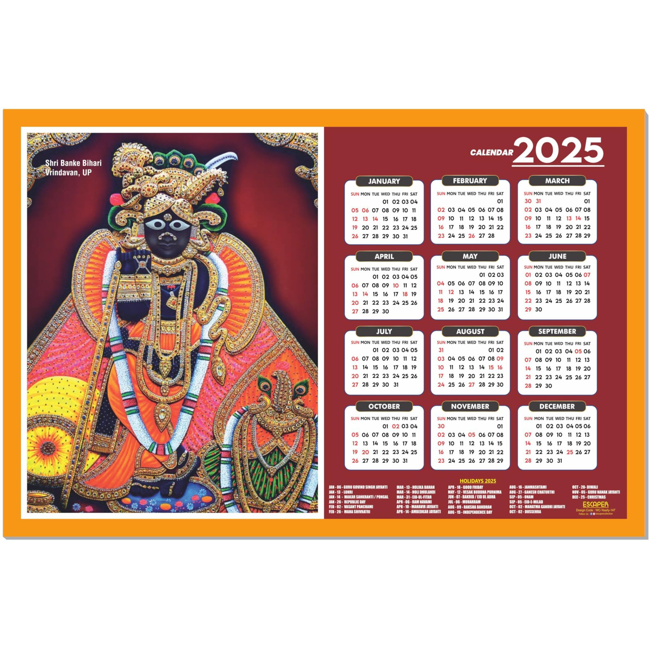 ESCAPER Banke Bihari Ji Wall Calendar 2025 (45 x 30 cm), Banke Bihari Ji Temple Wall Calendar 2025, Banke Bihari Jii Photos, Religious Wall Calendar 2025, Banke Bihari Ji Wall Calendar 2025, Hindu God Photos, Hindu God Wall Calendar 2025 for room decoration