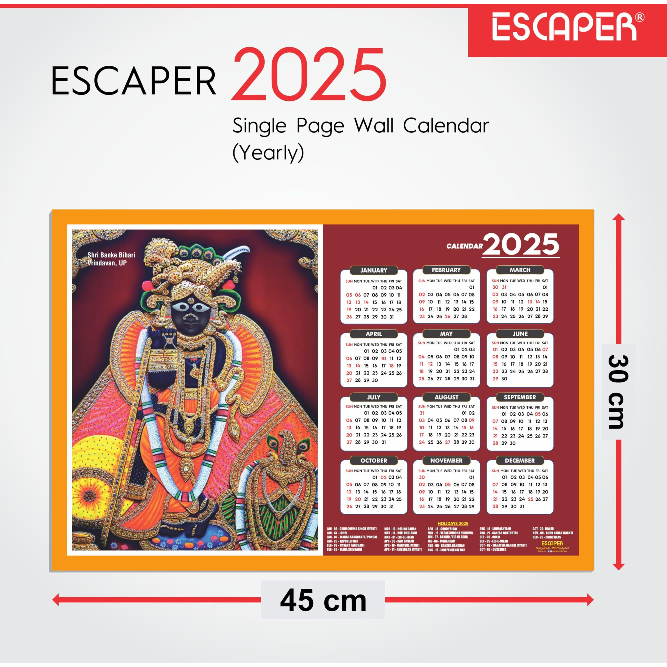 ESCAPER Banke Bihari Ji Wall Calendar 2025 (45 x 30 cm), Banke Bihari Ji Temple Wall Calendar 2025, Banke Bihari Jii Photos, Religious Wall Calendar 2025, Banke Bihari Ji Wall Calendar 2025, Hindu God Photos, Hindu God Wall Calendar 2025 for room decoration