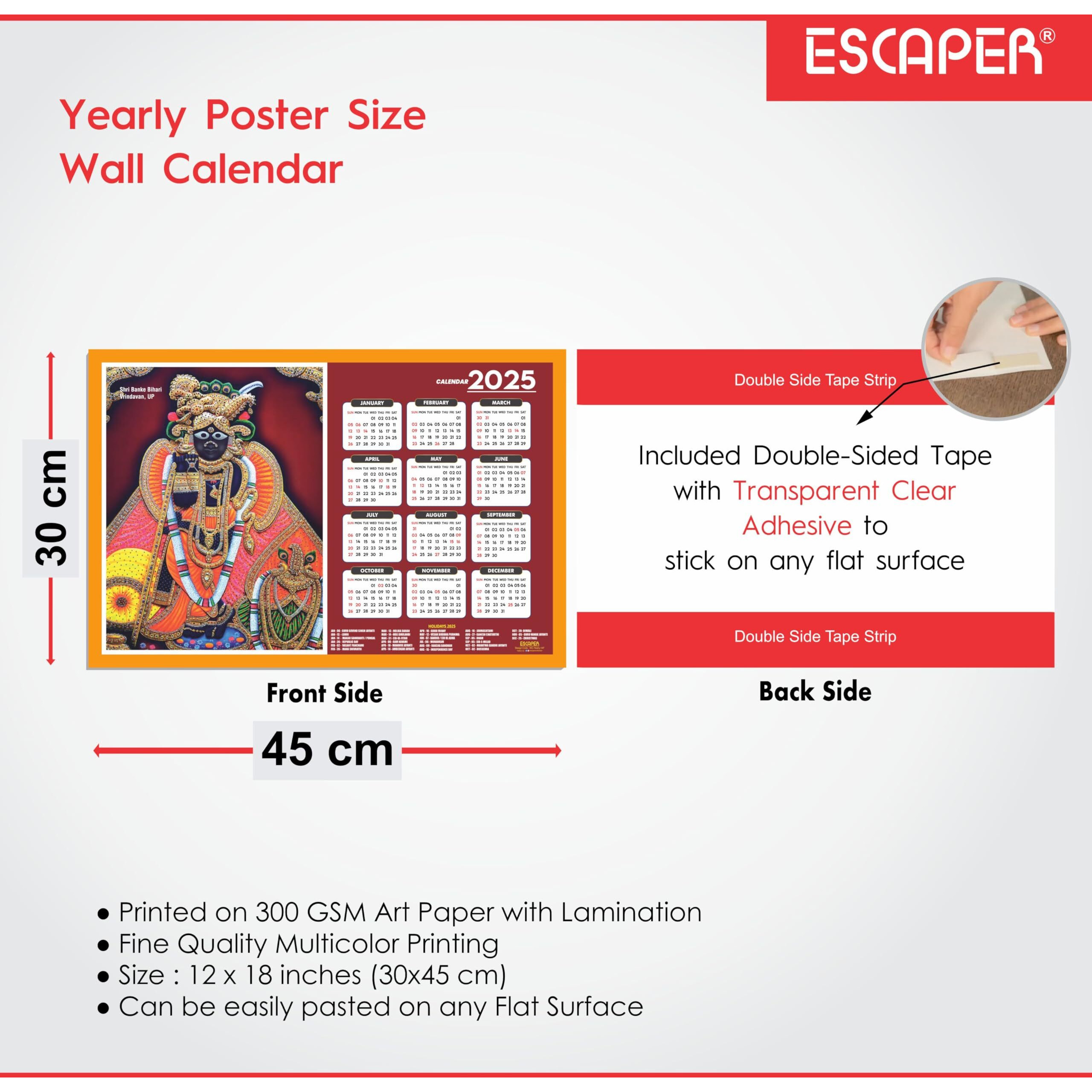 ESCAPER Banke Bihari Ji Wall Calendar 2025 (45 x 30 cm), Banke Bihari Ji Temple Wall Calendar 2025, Banke Bihari Jii Photos, Religious Wall Calendar 2025, Banke Bihari Ji Wall Calendar 2025, Hindu God Photos, Hindu God Wall Calendar 2025 for room decoration