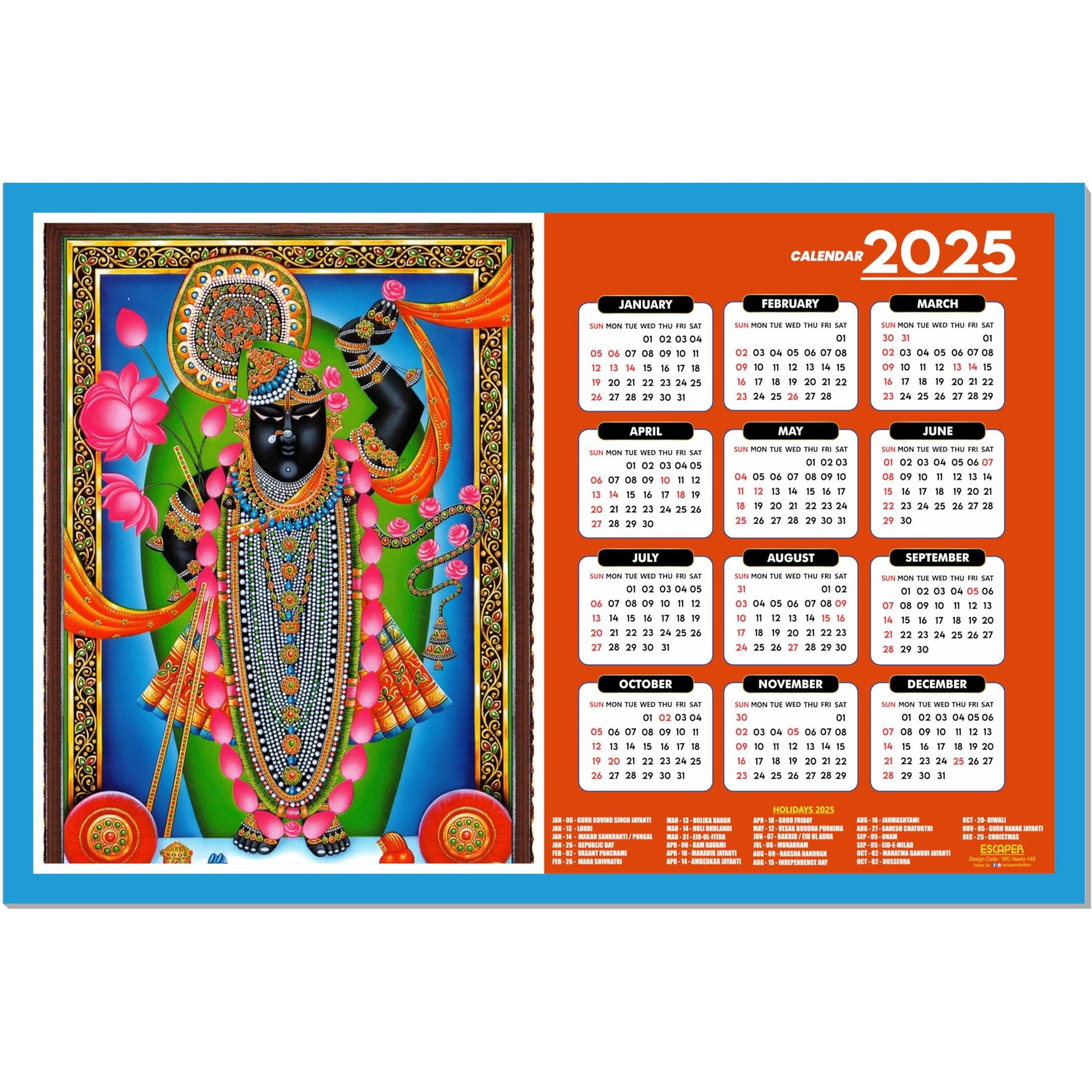 ESCAPER Srinath Ji Wall Calendar 2025 (45 x 30 cm), Srinath Ji Ji Wall Calendar 2025, Srinath Ji Temple Photos, Religious Wall Calendar 2025, Srinath Ji Wall Calendar 2025, Srinath Ji Wall Calendar 2025, Srinath Ji Photo, Hindu God Photos