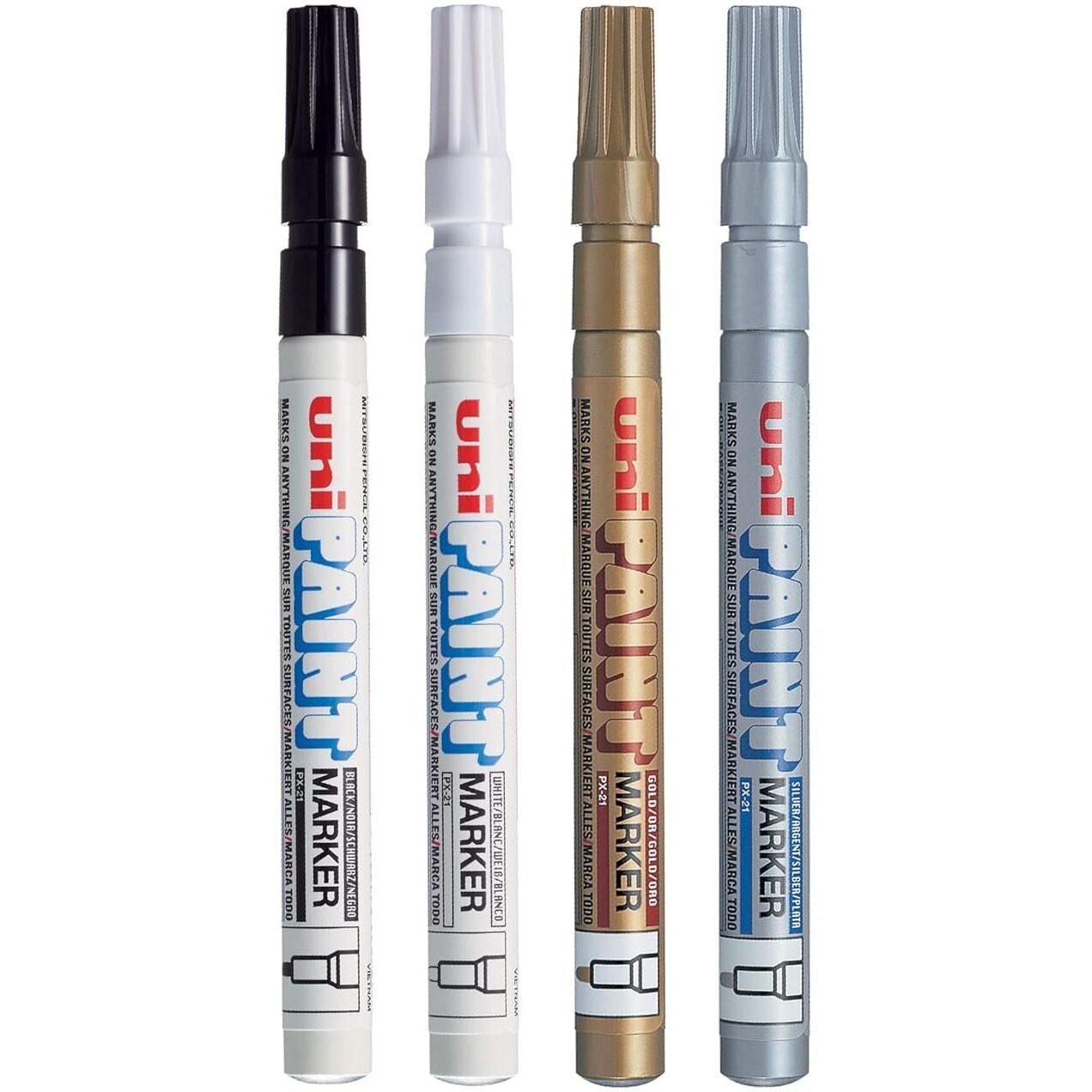 uni-ball PX21 Bullet Shaped Paint Markers Combo | Black, White, Golden & Silver Ink, Pack of 4