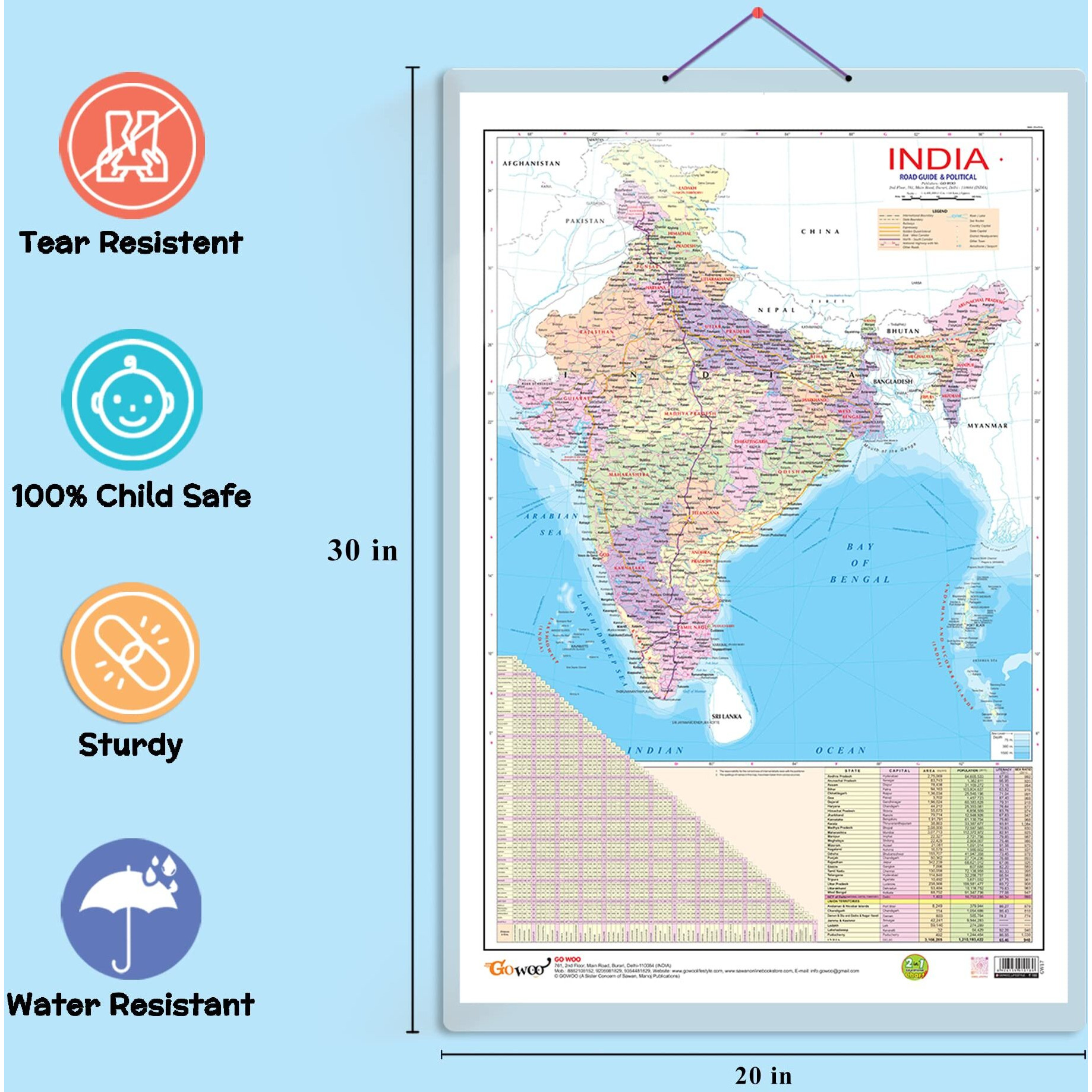 Indian Road Guide & Political Map Educational Charts | 20&quotX30" inch |Non-Tearable and Waterproof | Double Sided Laminated |Useful for Preparation of SSC, UPSC, RRB, IES, and Other Exams