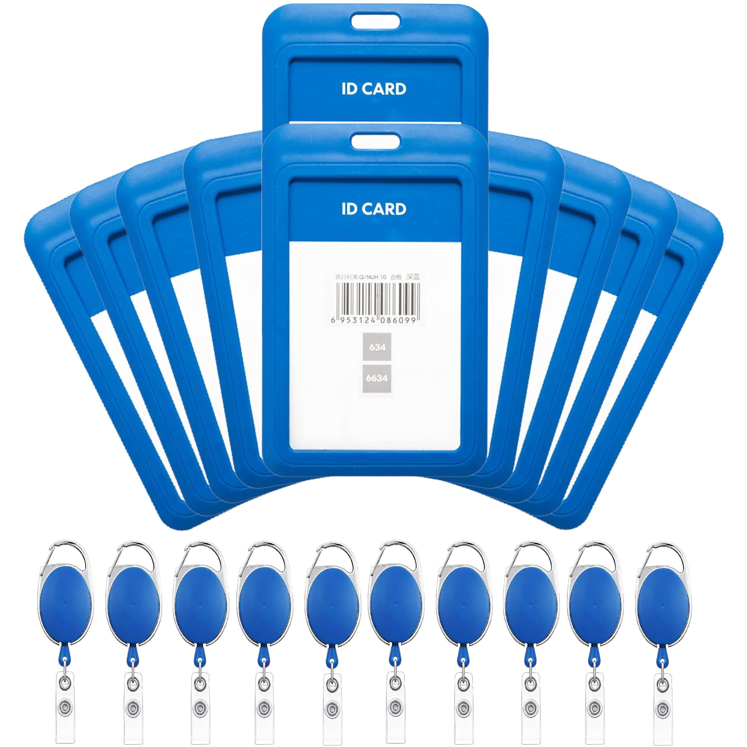 GLUN Blue Plastic ID Card Holder with Blue Oval Yoyo Retractable Reel ID Card Holder for Office,School, Collage and Factories Pack of 10