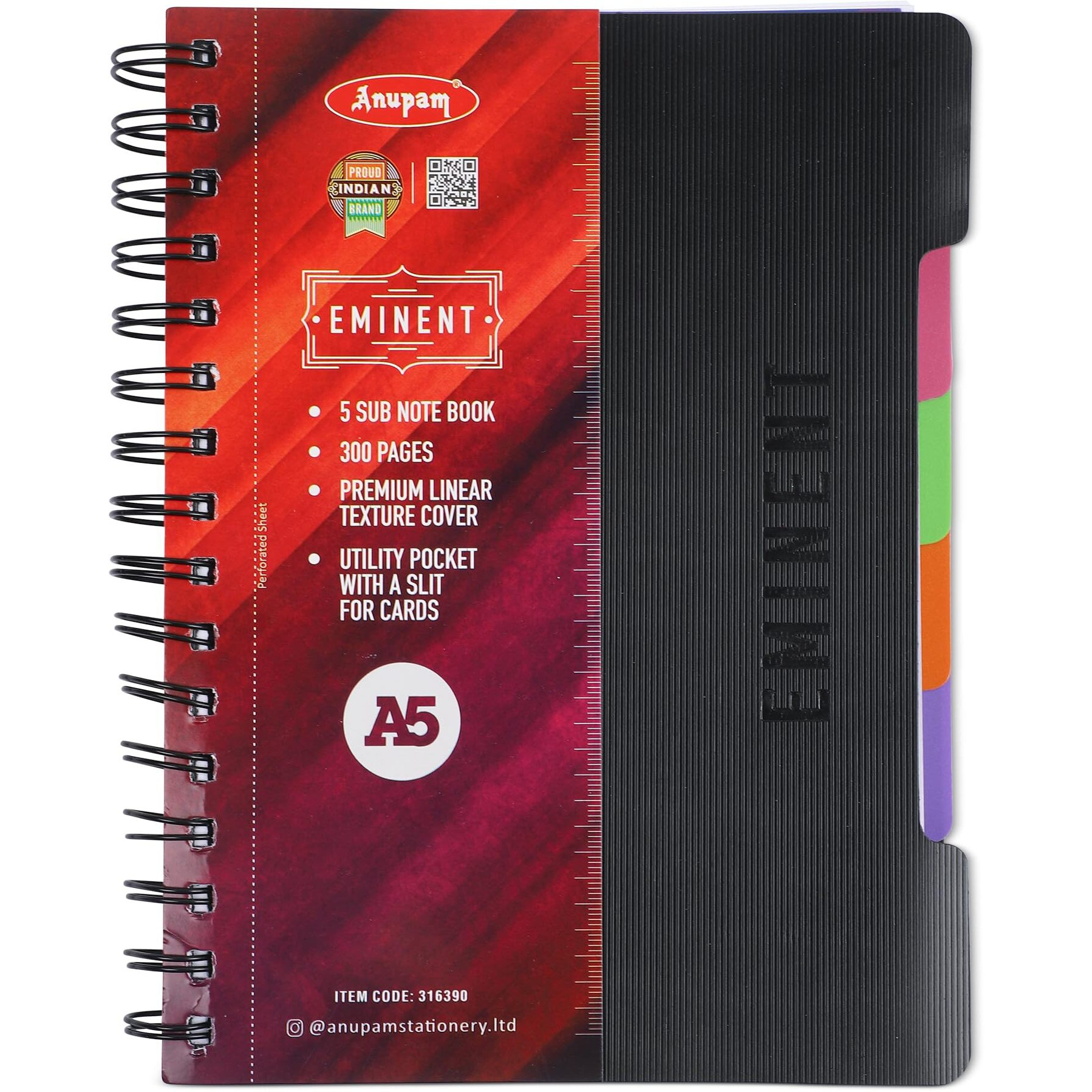 Anupam Eminent 5 Subject Notebook A5, 70 GSM, 150 Sheets (300 Pages), College Ruled Spiral Notebook with One Pocket, Movable Dividers, Front/Back Plastic Covers, Multi Subject Notebook | 14 cm x 21 cm