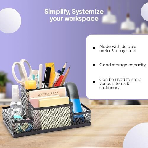 YAJNAS Bileder Metal Stationery Items Organizer for Office and Home Table Top Pen Pencil Holder | Desk Organiser Or Study, Makeup, Remote, Kitchen (4 Compartment)