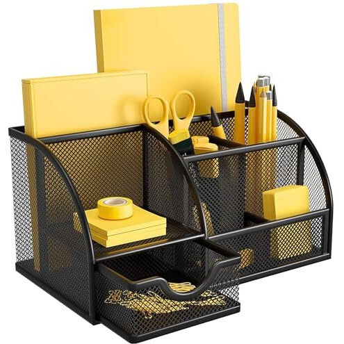 YAJNAS Bileder Metal Stationery Items Organizer for Office and Home Table Top Pen Pencil Holder | Desk Organiser Or Study, Makeup, Remote, Kitchen (7 Compartment)