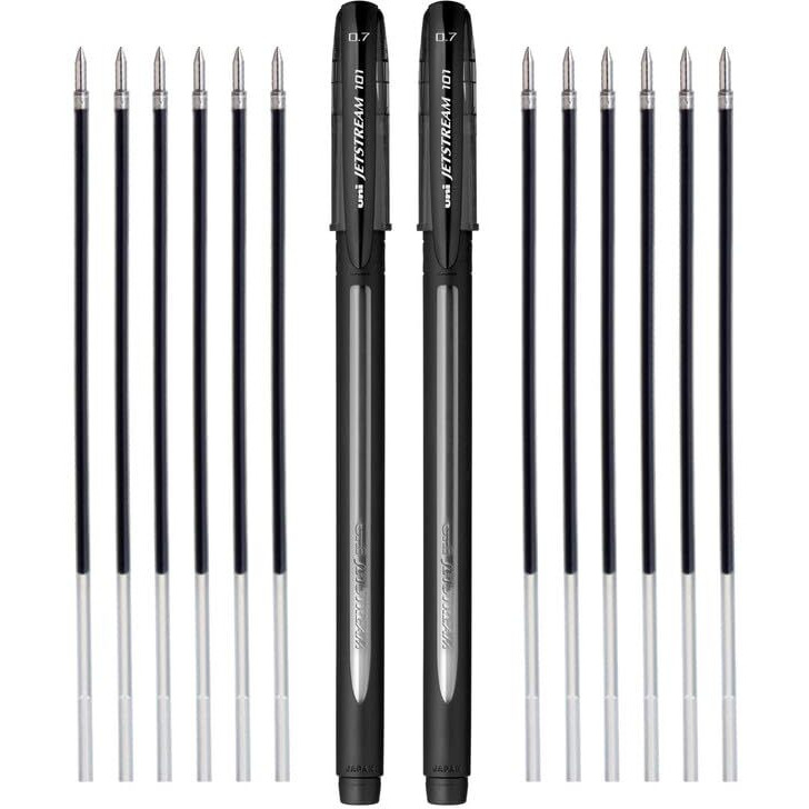 uni-ball Jetstream 0.7mm SX-101 & SXR-72 Roller Ball Pen - Refill Combo | Black Ink, 2 Pcs Pens with 12 Pcs Refills