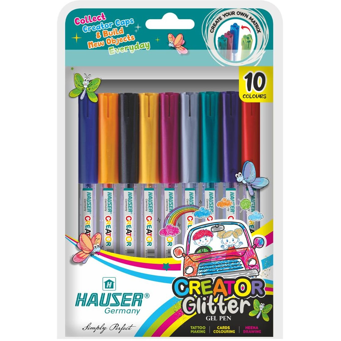 Hauser Germany Creator Glitter Gel Pen|Comfortable Grip For Smooth Writing|Extra Sparkles & Non-Toxic|Ideal For Tatto Making,Heena Drawing,Cards Coloring|10 Vibrant Colours,Pack Of 1-Multicolor