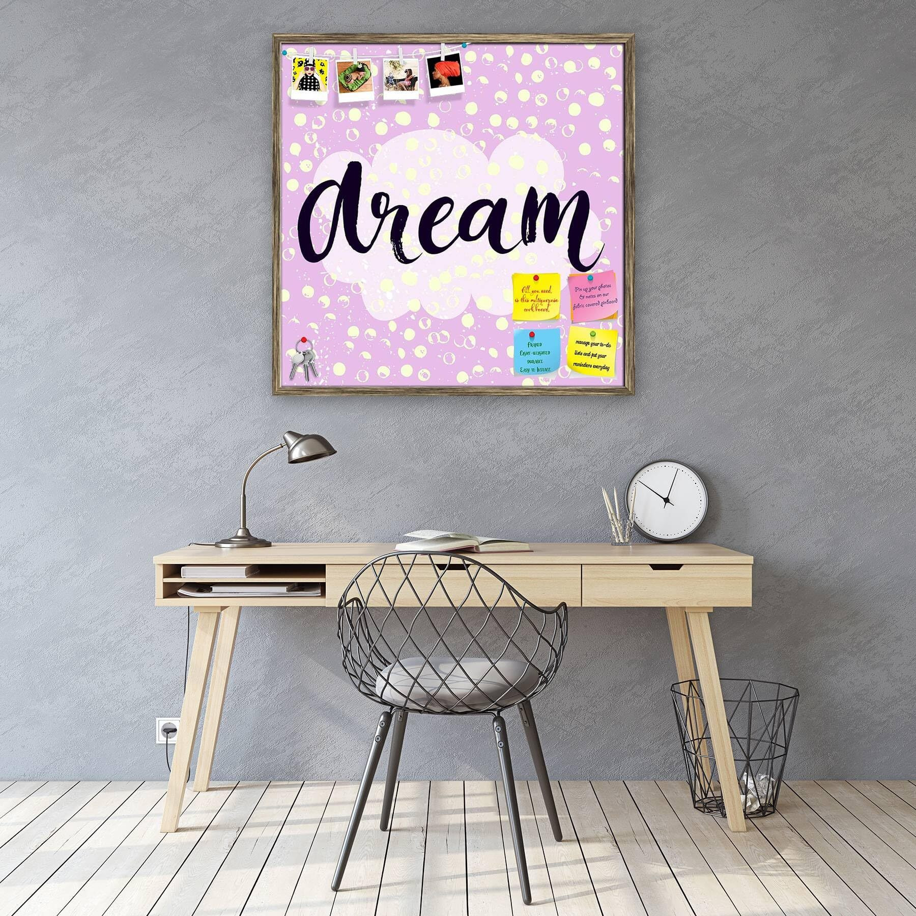 ArtzFolio Dream | Bulletin Board Notice Pin Board | Vision Soft Board Combo with Thumb Push Pins & Sticky Notes | Antique Golden Frame | 16 x 16 inch (41 x 41 cms)