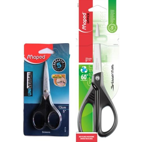 Maped Scissor Kit - 2pcs |Home, Kitchen And Office Multipurpose Scissors |Universal Scissor 13CM and Essential Scissor 21 CM|Handles with Super Comfortable Grip |Heavy Duty Stainless Steel Scissors