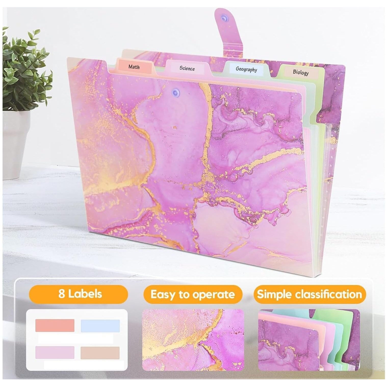 Corslet Expanding File Folder, Aesthetic Folders for School, Accordion File Organizer, Aesthetic Folder with Labels,5 Pockets Important Document Folders for School Office Home(Purple Gold)