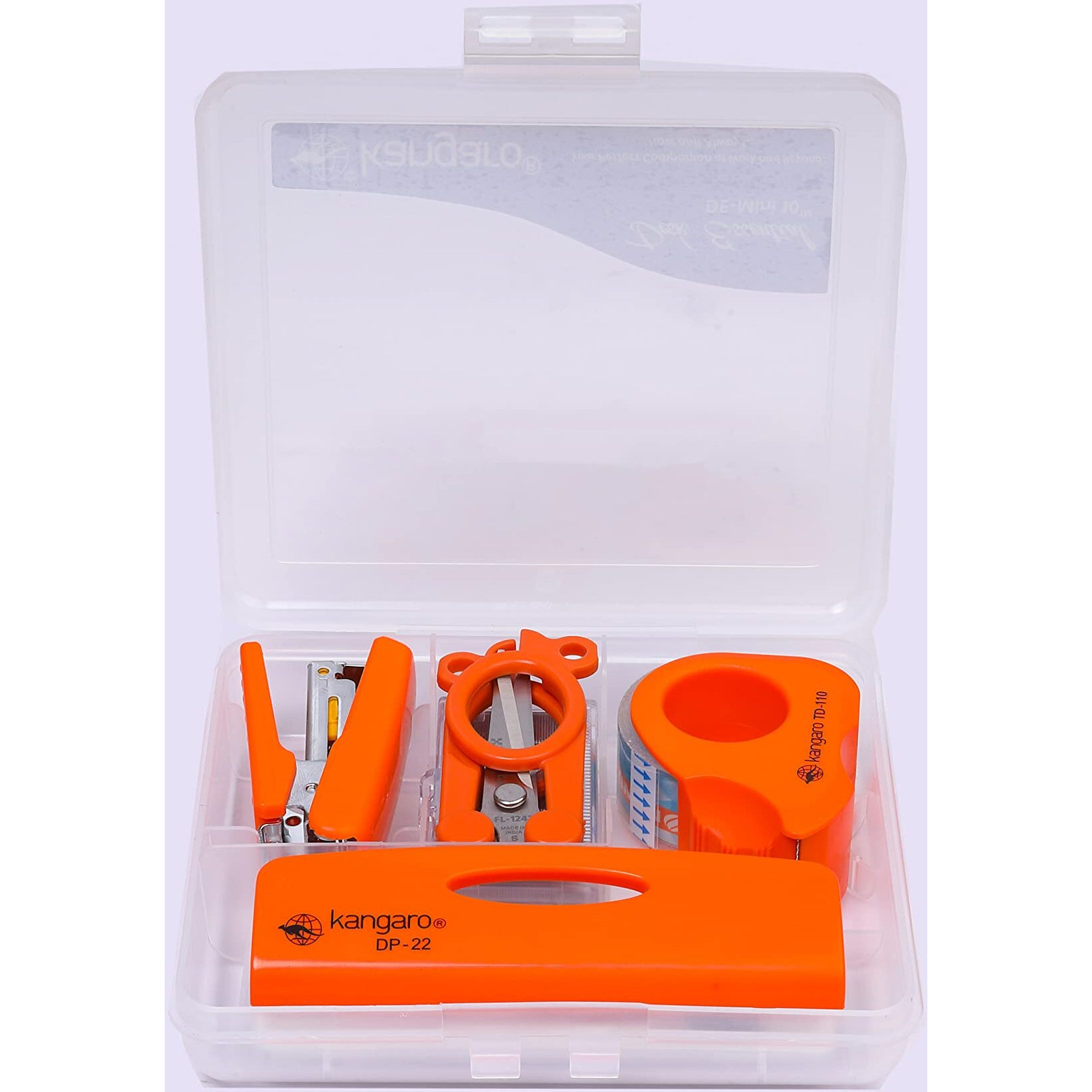 Kangaro Desk Essentials DE-Mini 10 Combo Pack | Stationery Gift Set | Mini Stapler, Staples, Scissors, Tape Dispenser & Paper Punch | Office Combo Set | Orange, Pack of 1 | Color May Vary