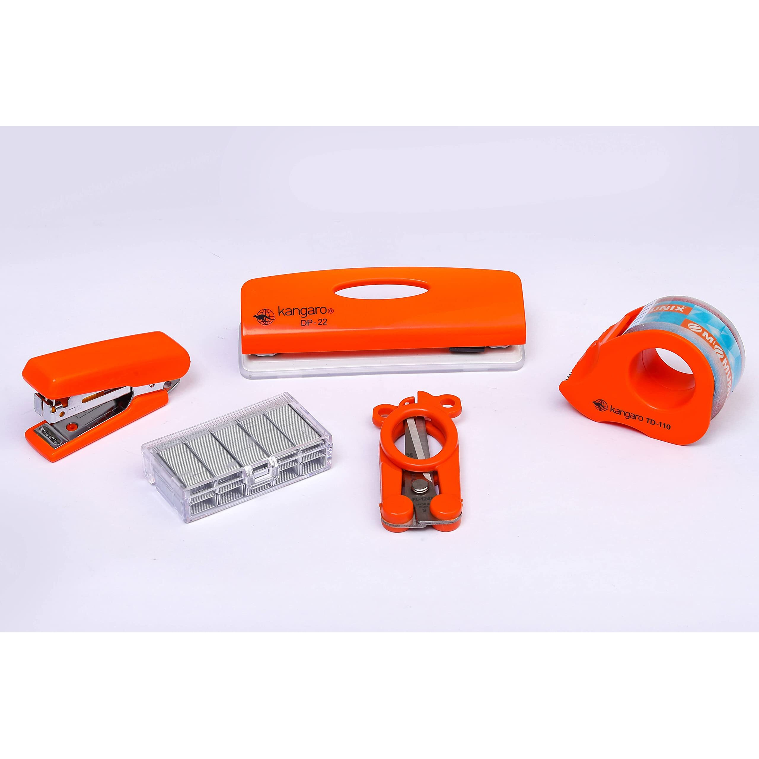Kangaro Desk Essentials DE-Mini 10 Combo Pack | Stationery Gift Set | Mini Stapler, Staples, Scissors, Tape Dispenser & Paper Punch | Office Combo Set | Orange, Pack of 1 | Color May Vary