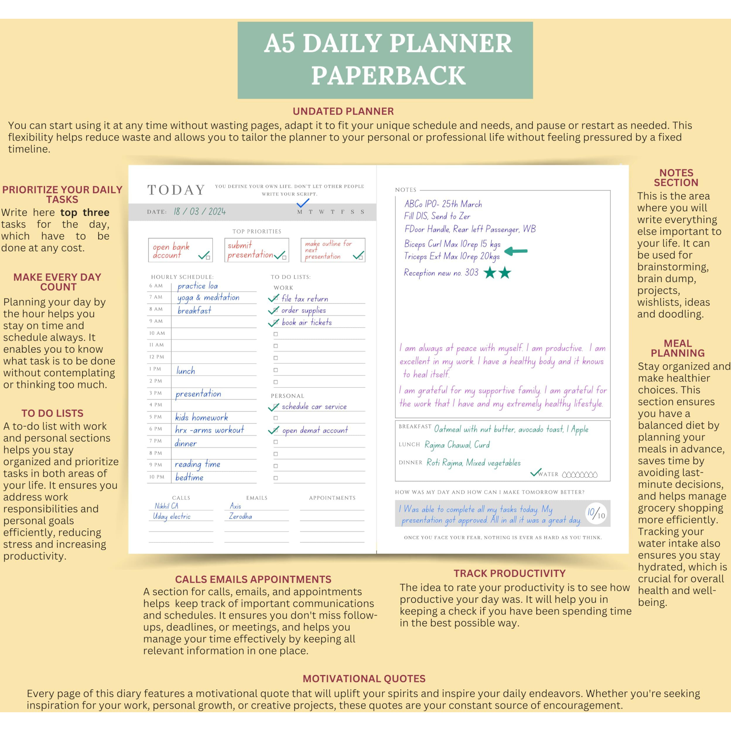 LAURET BLANC Daily Planner Undated, Schedule Your Day, Manage To-Do List, Wellness Tracker, Plan for 80 Days, Paperback. (Dream Believe Achieve)