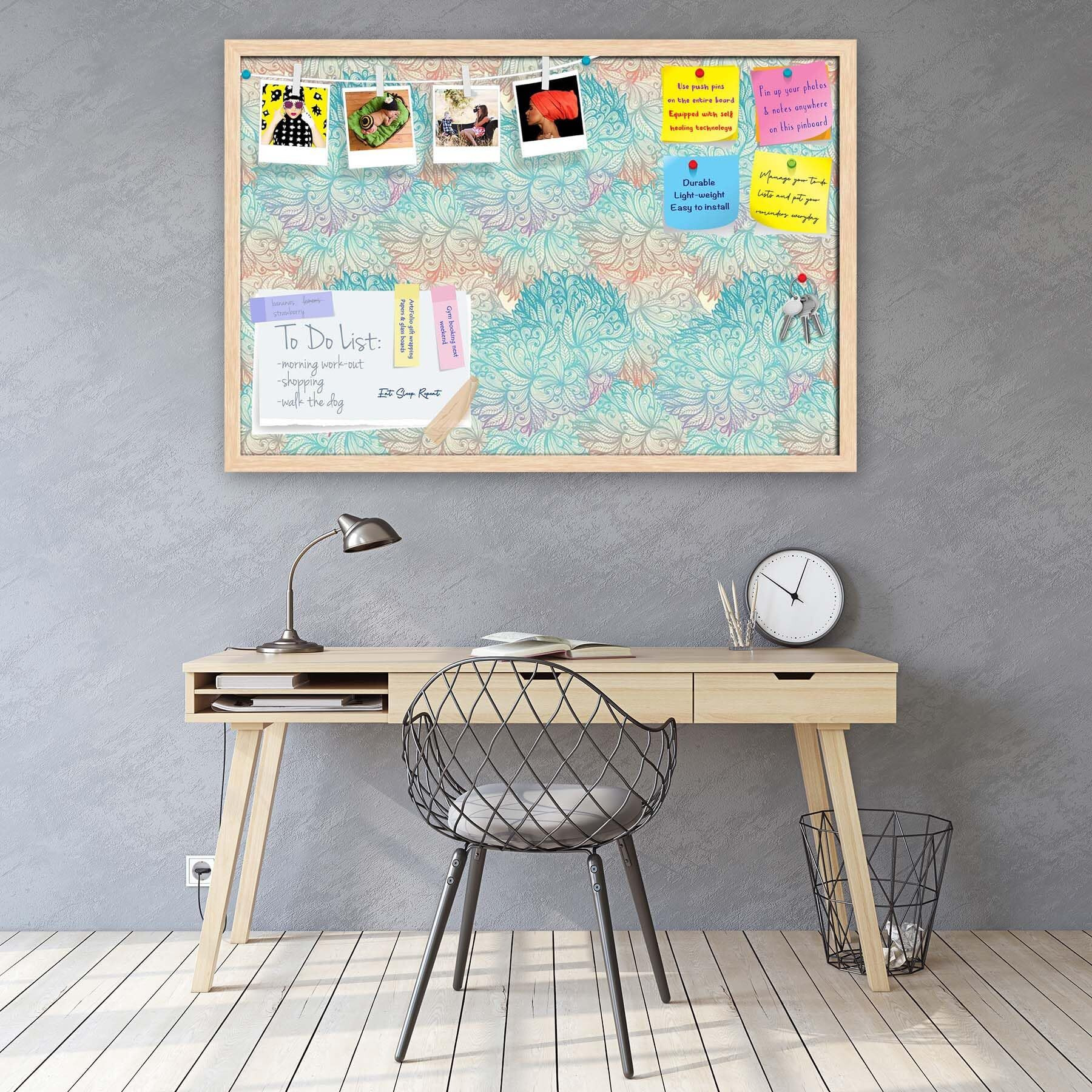 ArtzFolio Vintage Cloudy | Bulletin Board Notice Pin Board | Vision Soft Board Combo with Thumb Push Pins & Sticky Notes | Natural Brown Frame | 24 x 16 inch (61 x 41 cms)