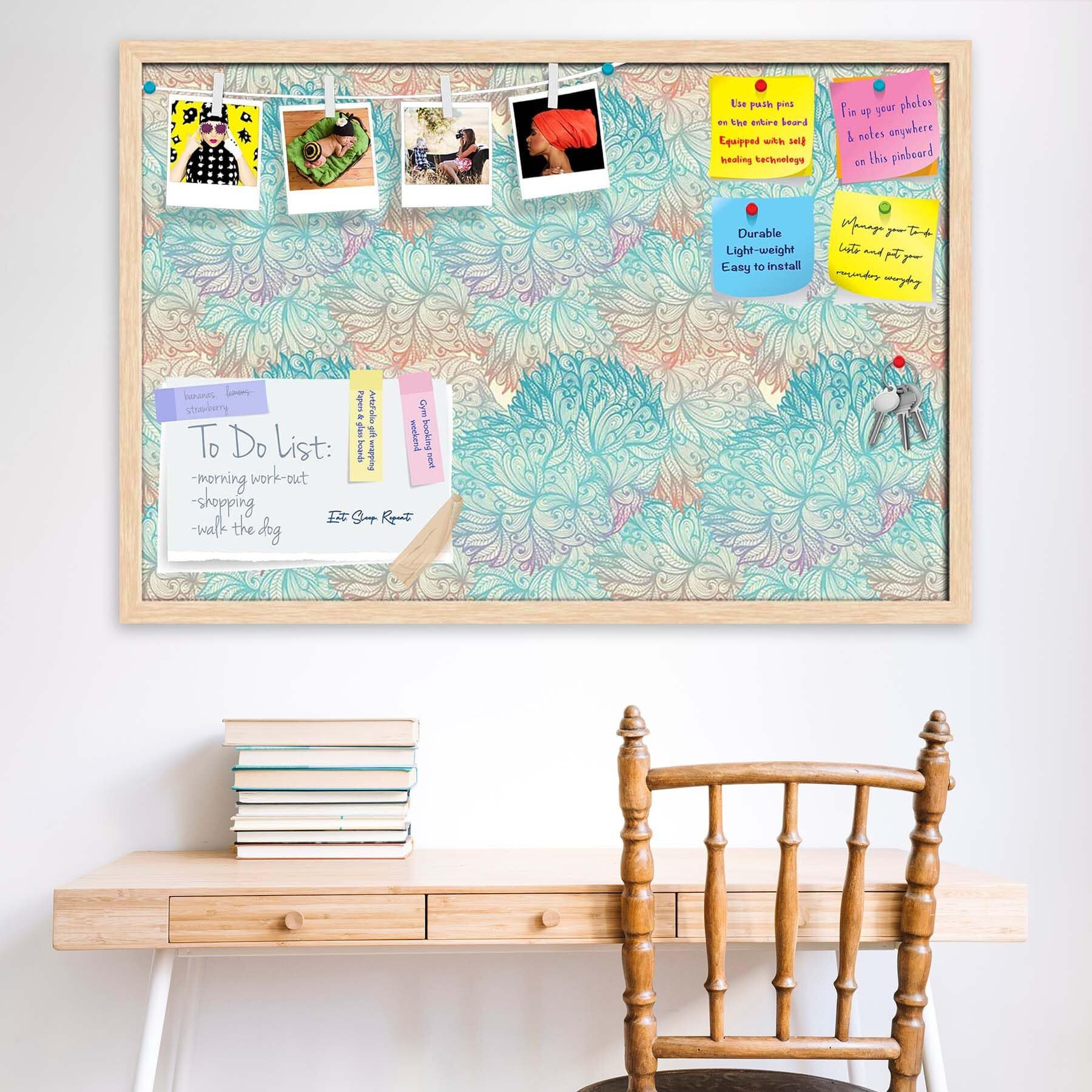 ArtzFolio Vintage Cloudy | Bulletin Board Notice Pin Board | Vision Soft Board Combo with Thumb Push Pins & Sticky Notes | Natural Brown Frame | 24 x 16 inch (61 x 41 cms)