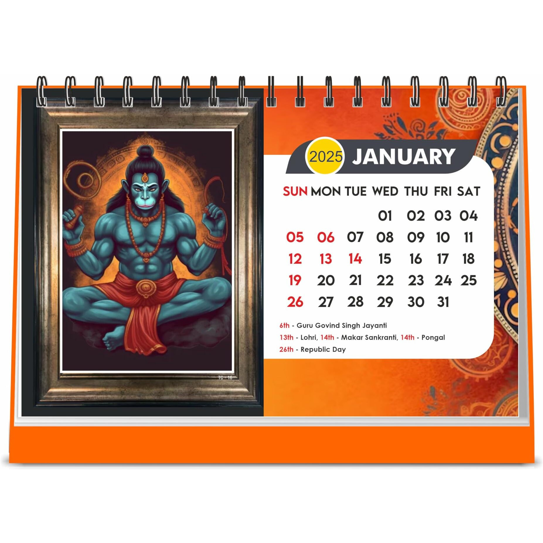 ESCAPER Hanuman Ji Desk Calendar 2025 Lord Hanuman Hindu God 12 Monthly Pages with Thick Paper Twin-Wire Binding Table Calendar 2025 (A5 Size, 8.5" x 5.5")