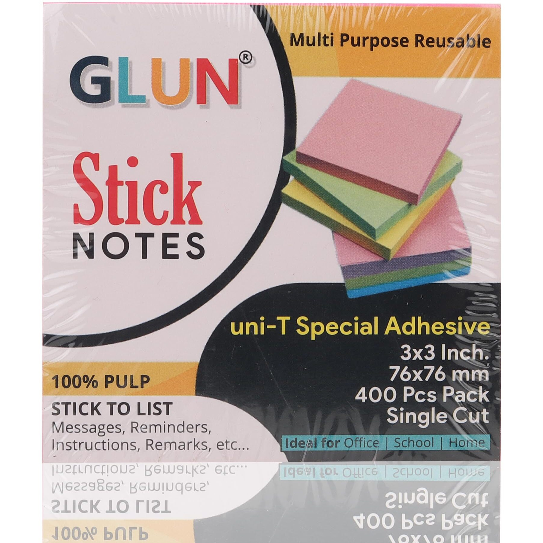 GLUN 400 Sheet Super Sticky Note Pad, Plain Notes for Lists and Longer Notes, 2 Times Sticking Power in Bright Neon Colors Size 3X3 inch (Normal)