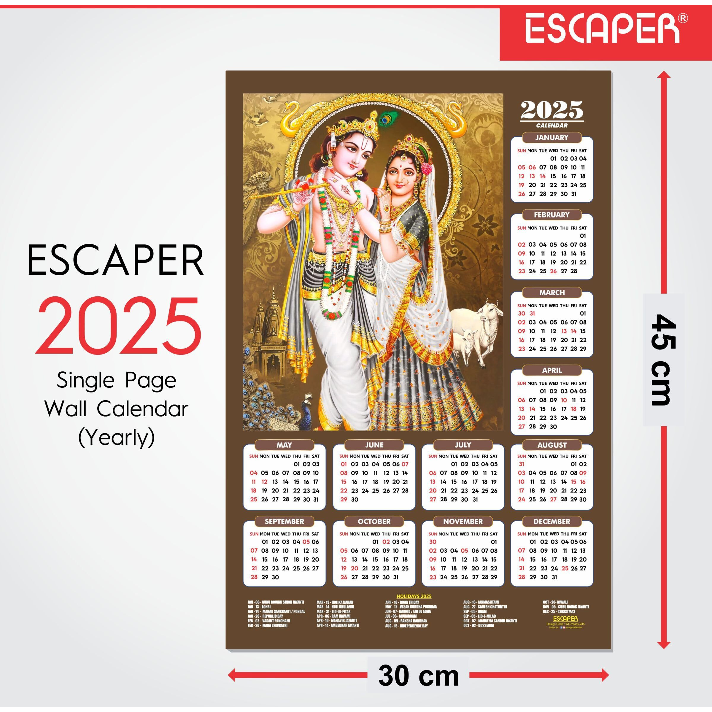 ESCAPER Shree Krishna Wall Calendar 2025 (45 x 30 cm) - Radha Krishna Wall Decor, Laddu Gopal Photo, Bal Krishna Wall Calendar 2025, Religious Wall Calendar 2025, Bal Gopal Photo