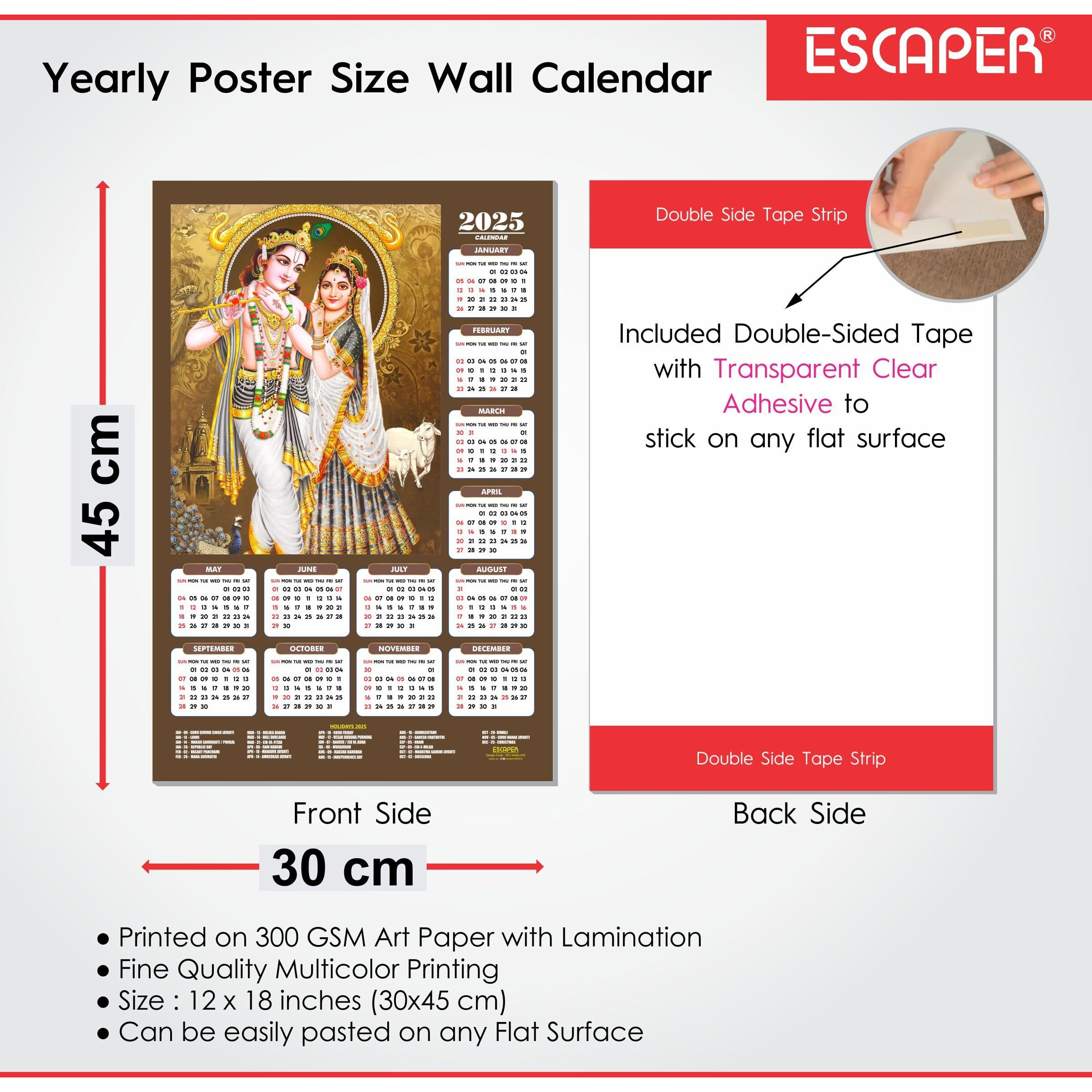 ESCAPER Shree Krishna Wall Calendar 2025 (45 x 30 cm) - Radha Krishna Wall Decor, Laddu Gopal Photo, Bal Krishna Wall Calendar 2025, Religious Wall Calendar 2025, Bal Gopal Photo