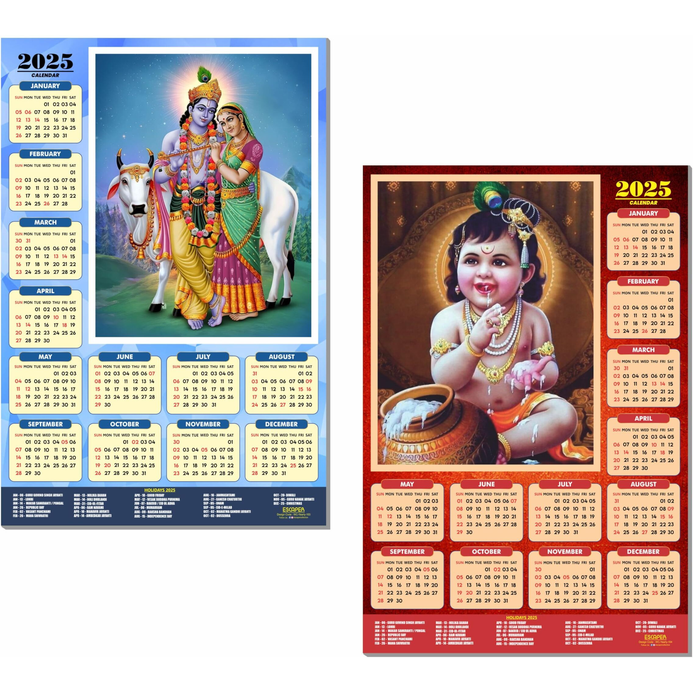 ESCAPER Shree Krishna Wall Calendar 2025 (45 x 30 cm) - Radha Krishna Wall Decor, Laddu Gopal Photo, Bal Krishna Wall Calendar 2025, Religious Wall Calendar 2025, Bal Gopal Photo