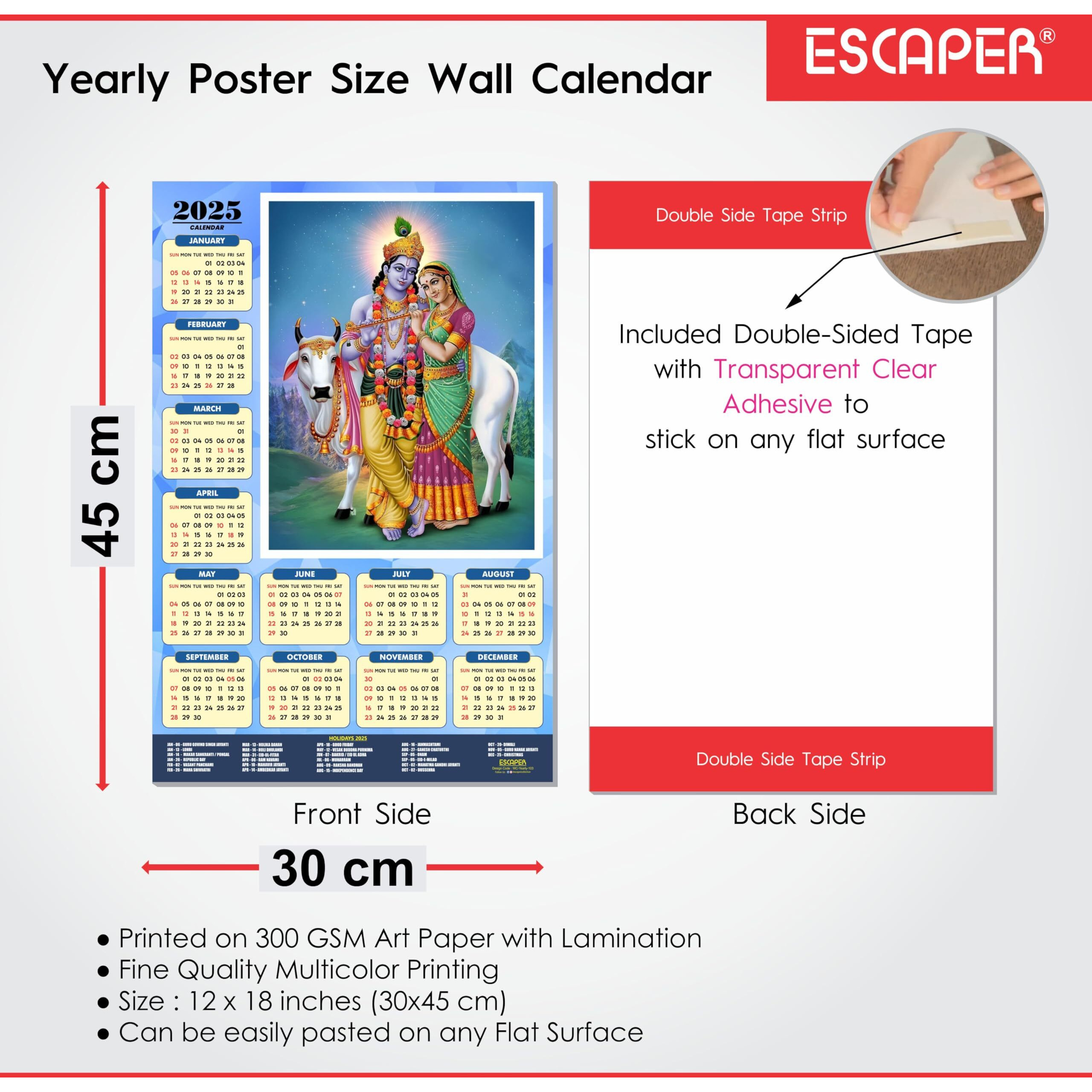 ESCAPER Shree Krishna Wall Calendar 2025 (45 x 30 cm) - Radha Krishna Wall Decor, Laddu Gopal Photo, Bal Krishna Wall Calendar 2025, Religious Wall Calendar 2025, Bal Gopal Photo