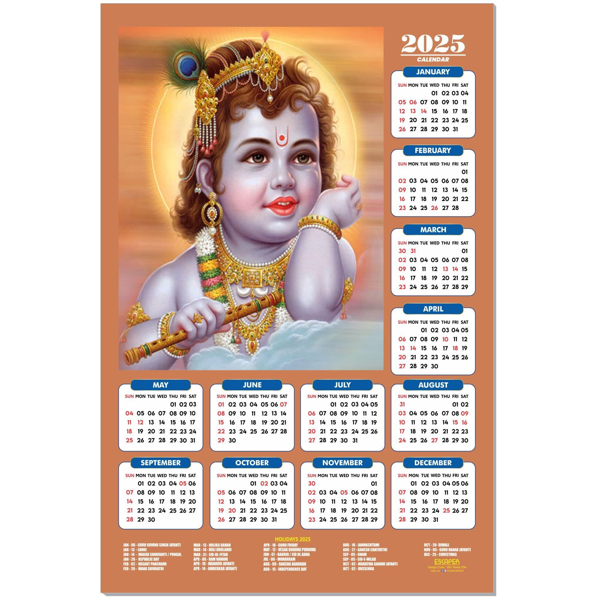 ESCAPER Shree Krishna Wall Calendar 2025 (45 x 30 cm) - Radha Krishna Wall Decor, Laddu Gopal Photo, Bal Krishna Wall Calendar 2025, Religious Wall Calendar 2025, Bal Gopal Photo
