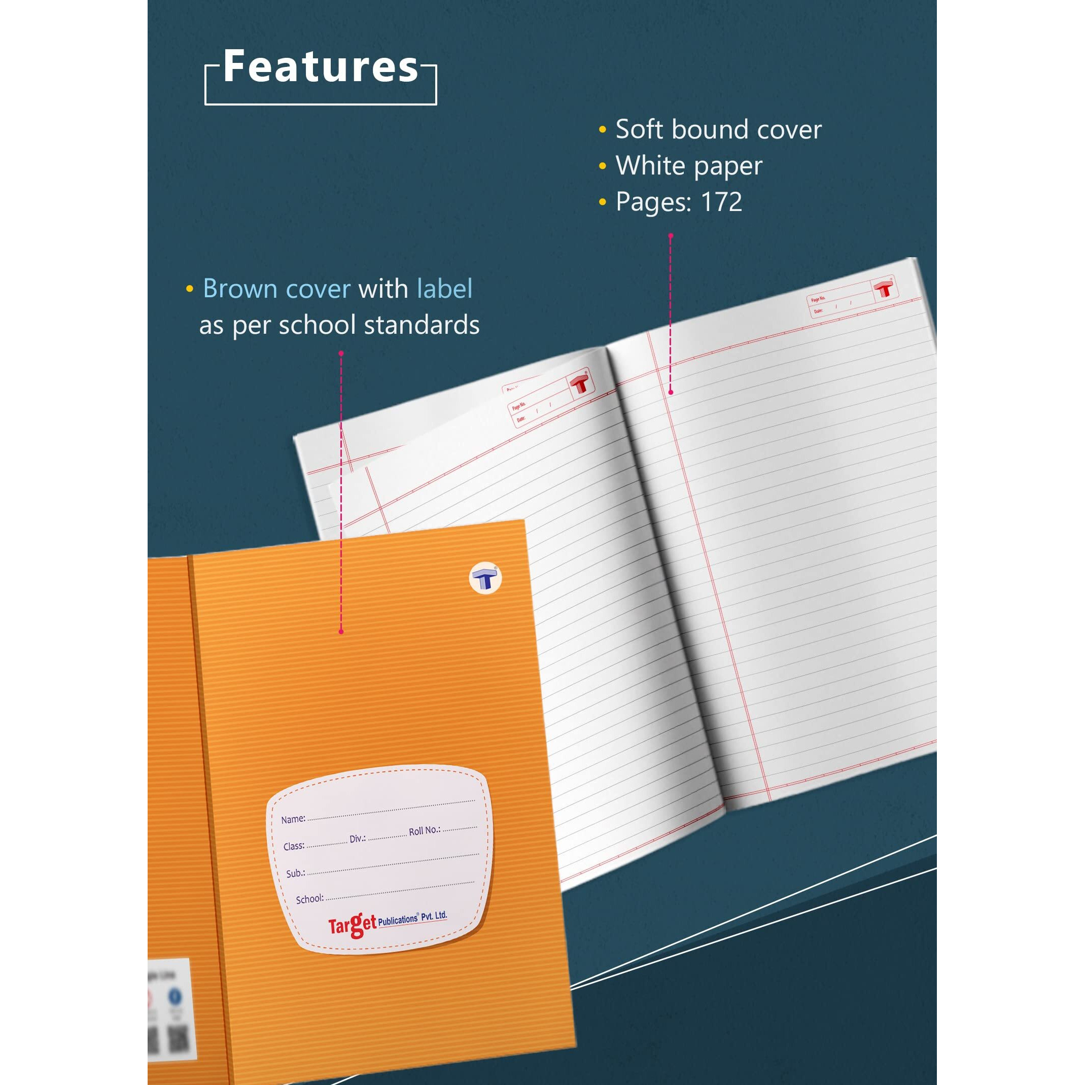 TARGET PUBLICATIONS Single Line Notebooks | 172 Ruled Pages | Soft Brown Cover | 17 cm x 27 cm | For School College Office Use | Pack of 4 Books | GSM 58