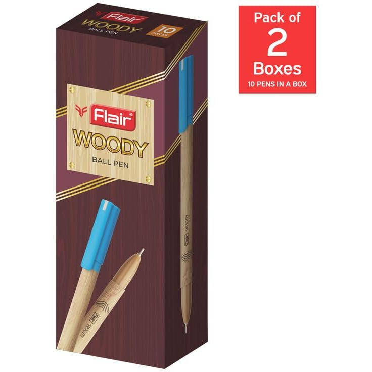 FLAIR Woody Ball Pen Box Pack | 0.7 mm Tip Size | Attractive Woody Design | Smooth Ink Flow System With Low-Viscosity Ink | Smudge Free Writing | Blue Ink, Set Of 10 Ball Pens x Pack Of 2