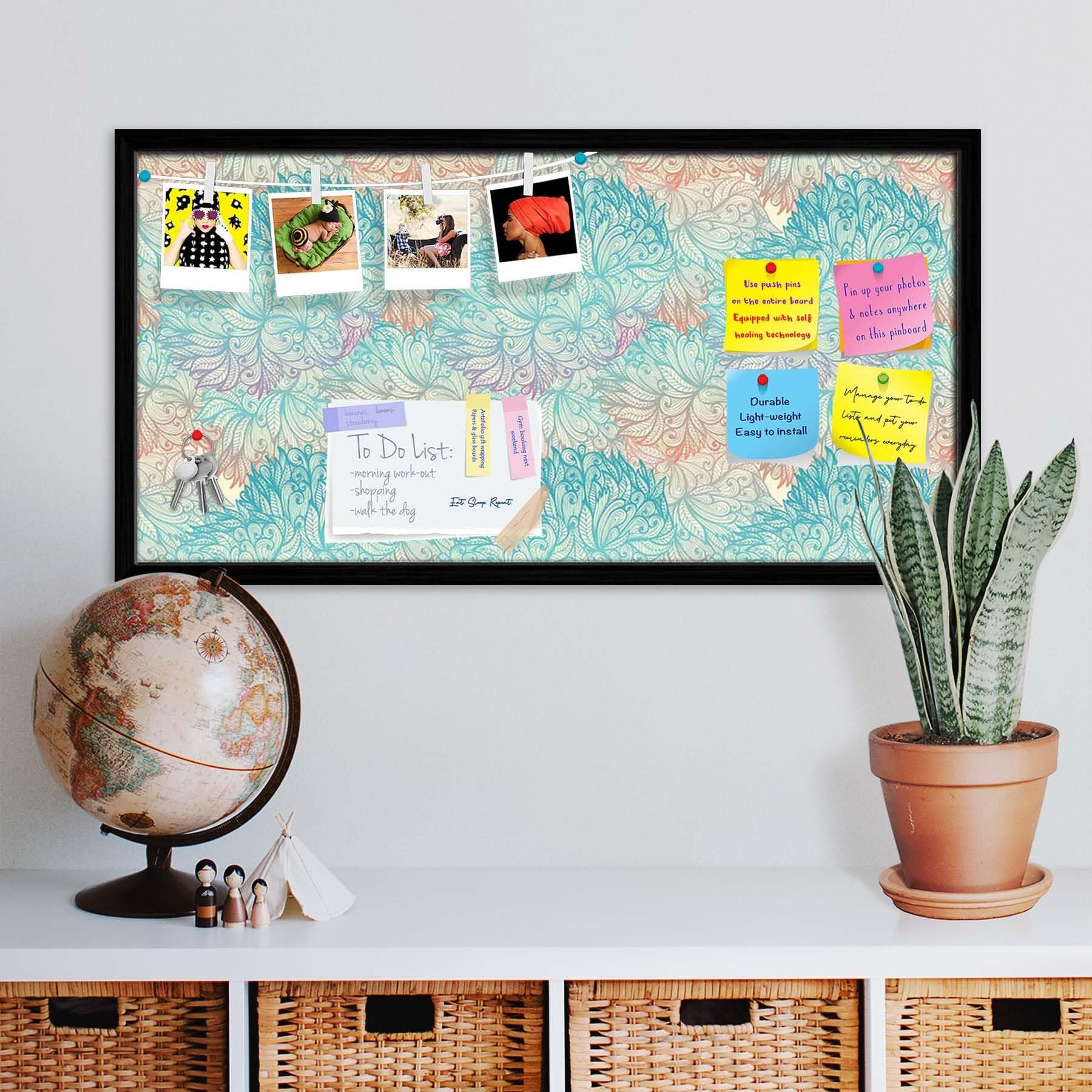 ArtzFolio Vintage Cloudy | Bulletin Board Notice Pin Board | Vision Soft Board Combo with Thumb Push Pins & Sticky Notes | Black Frame | 24 x 12 inch (61 x 30 cms)